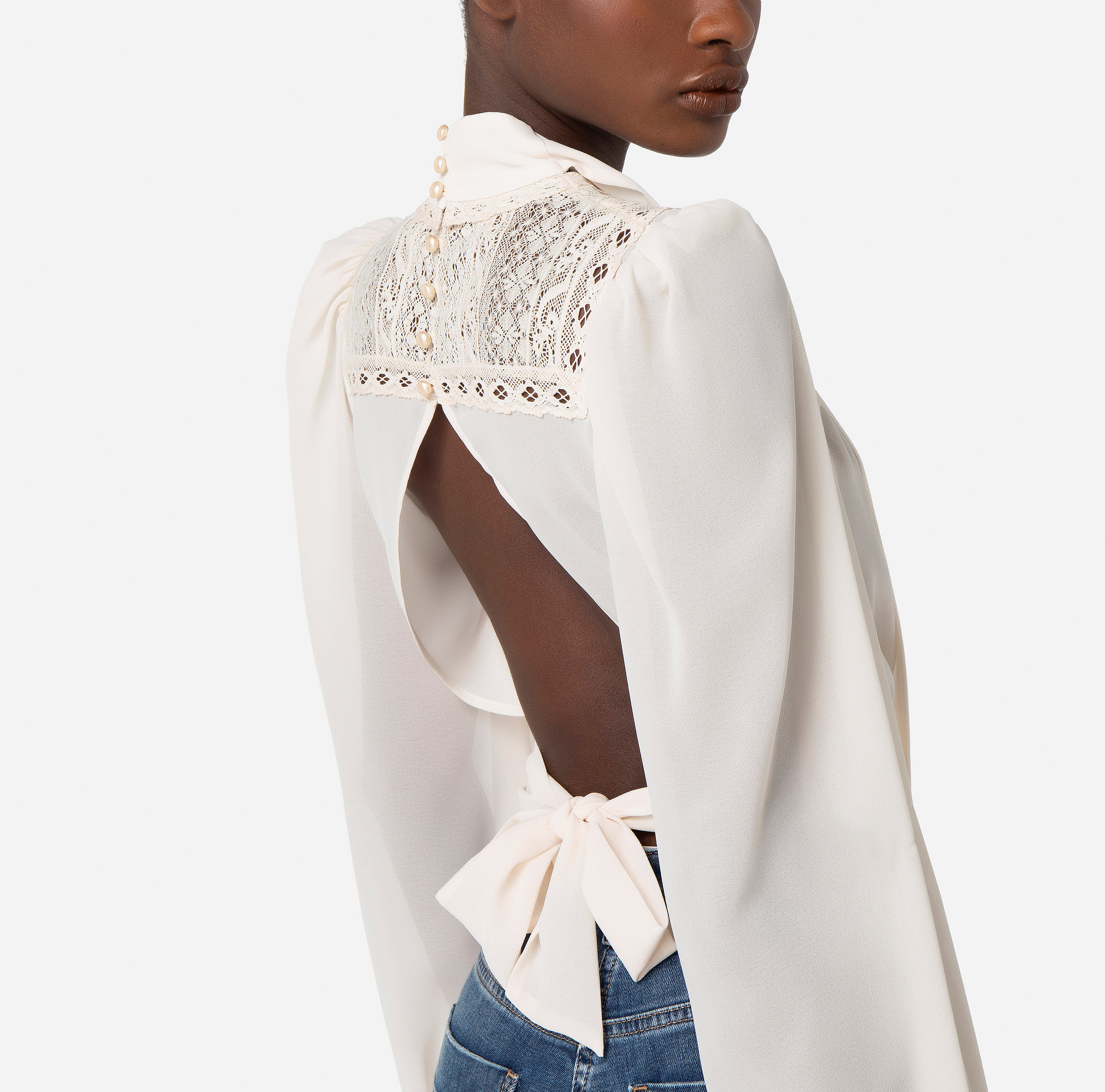 Crop blouse in viscose fabric with lace - Elisabetta Franchi