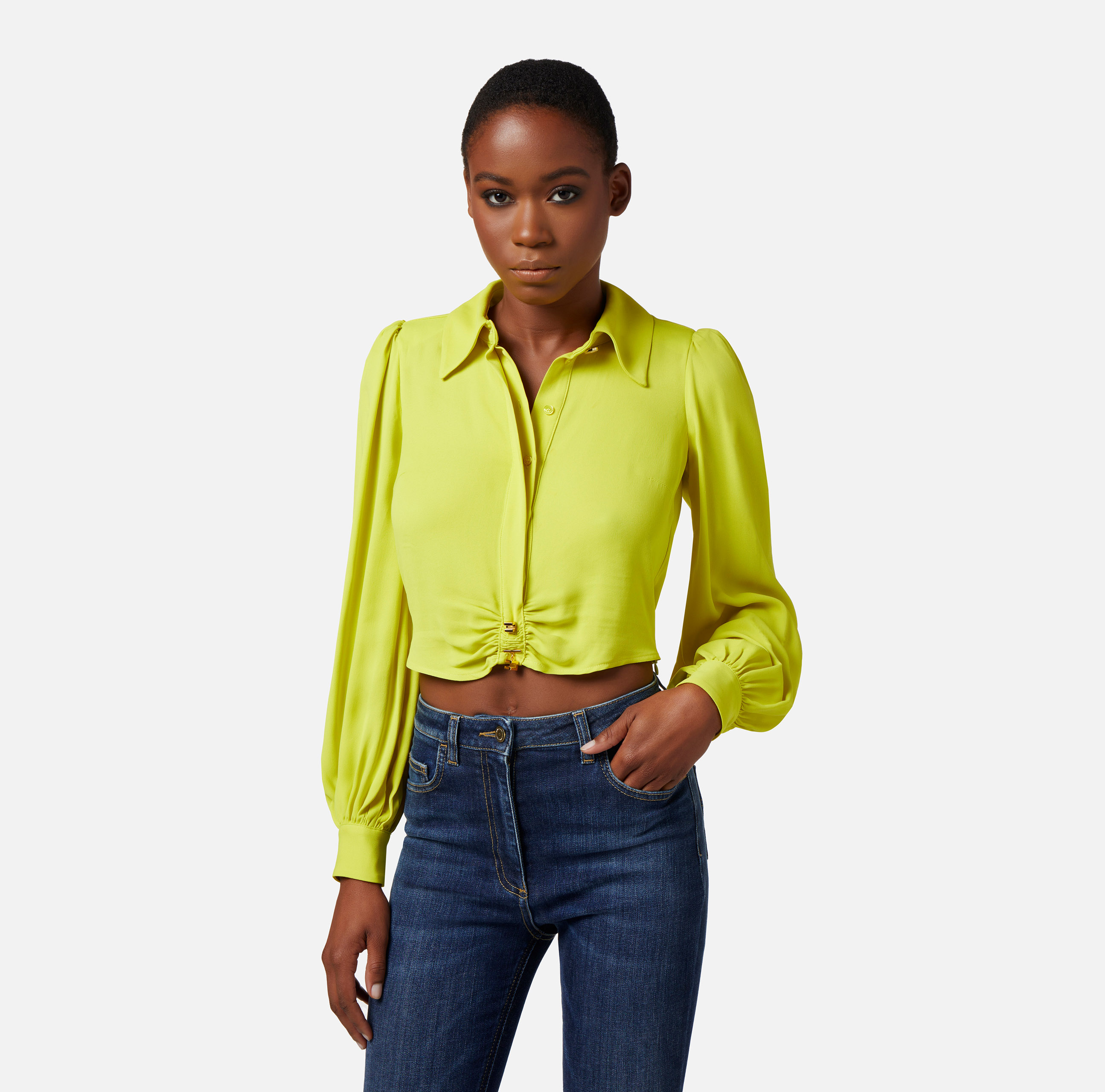 Cropped blouse in viscose georgette fabric with gathering - Elisabetta Franchi