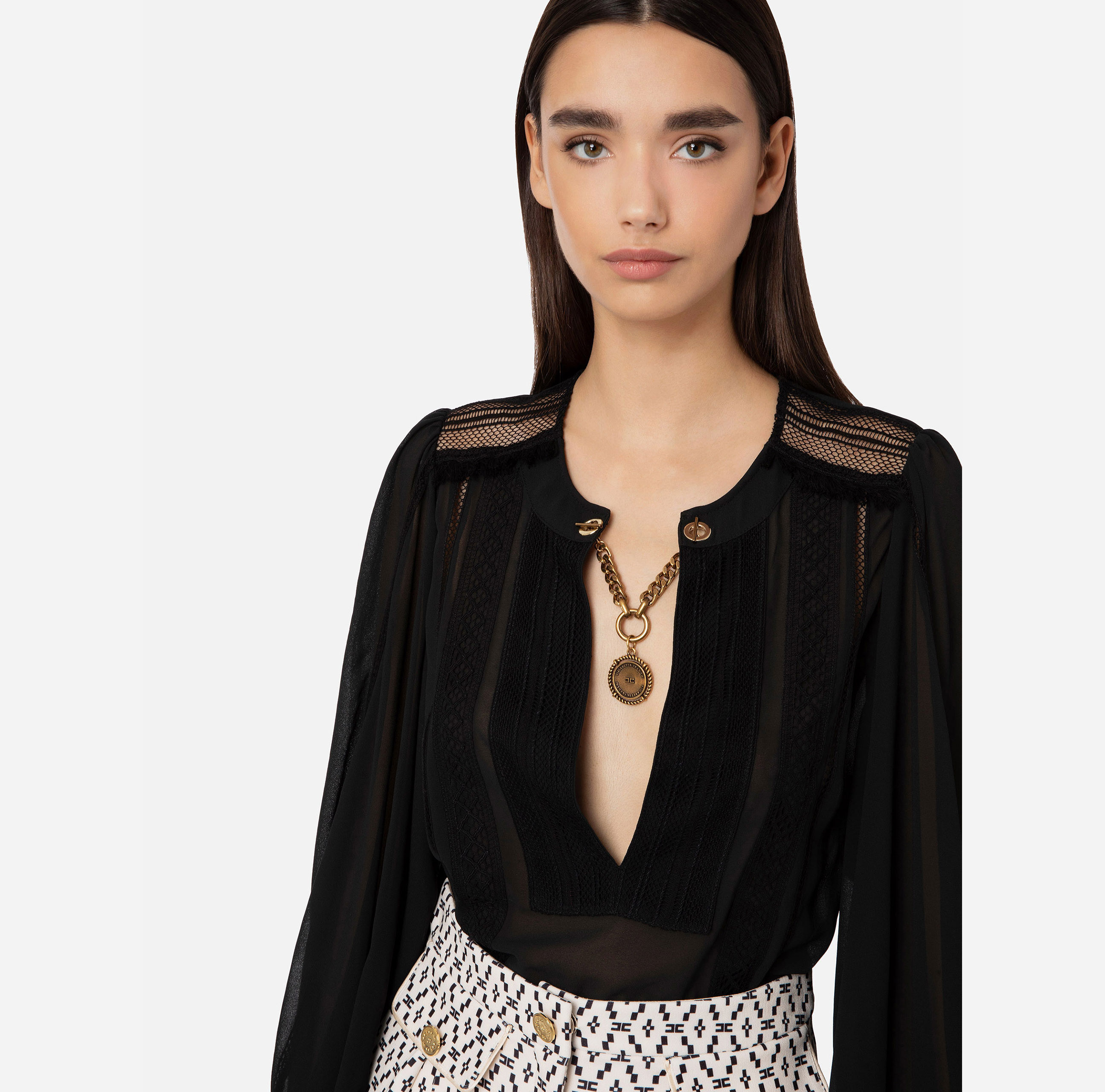 Blouse with ascot tie and lace inserts - Elisabetta Franchi