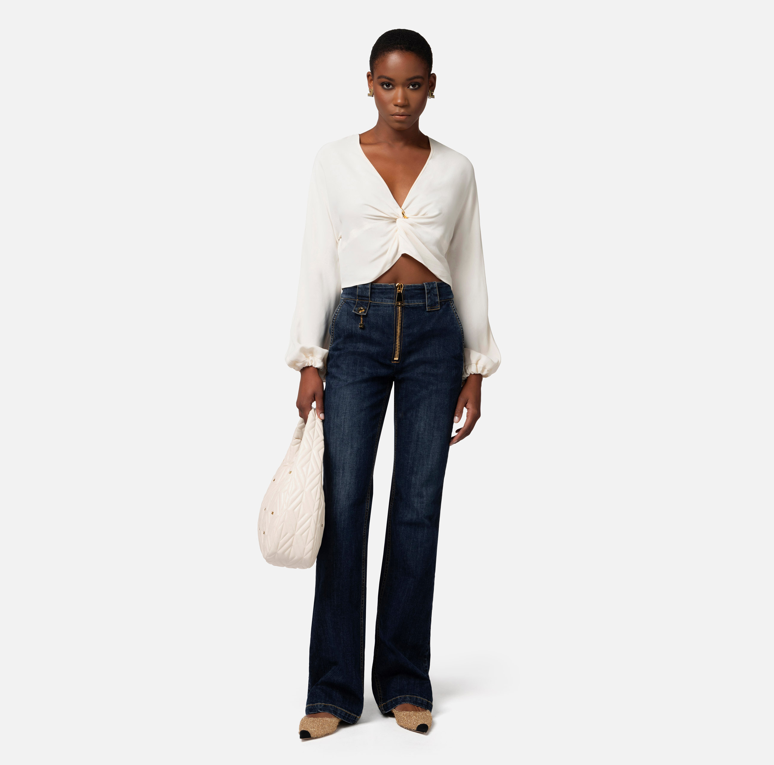 Cropped blouse in viscose georgette fabric with knot - Elisabetta Franchi