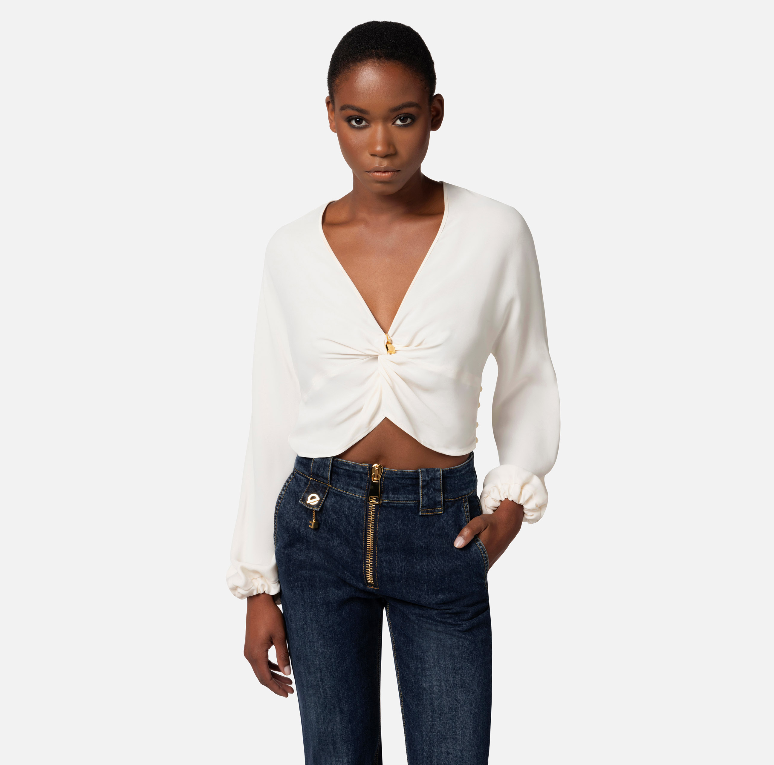 Cropped blouse in viscose georgette fabric with knot - Elisabetta Franchi