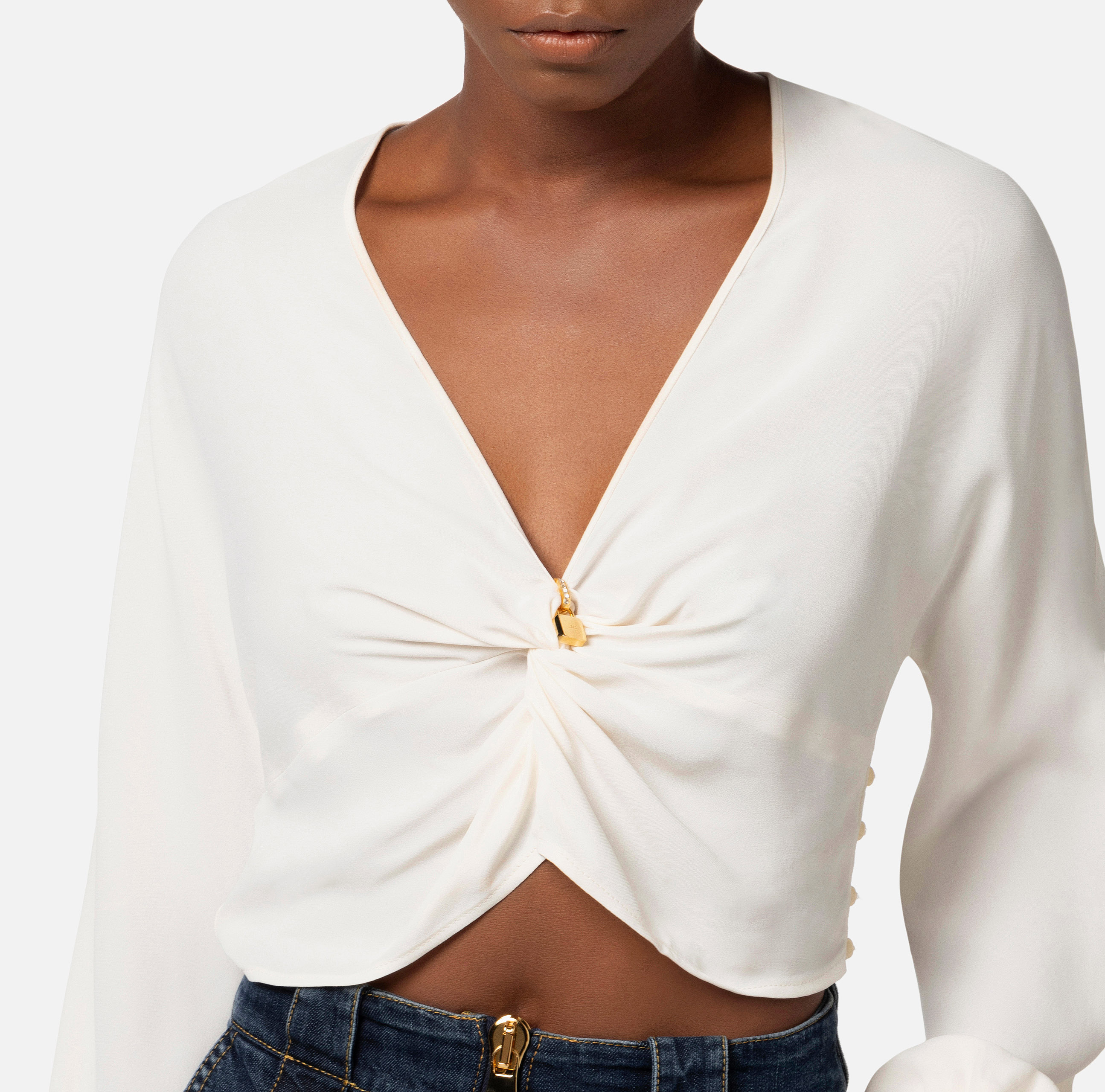 Короткая блузка из вискозного жоржета с декоративным узлом - Elisabetta Franchi