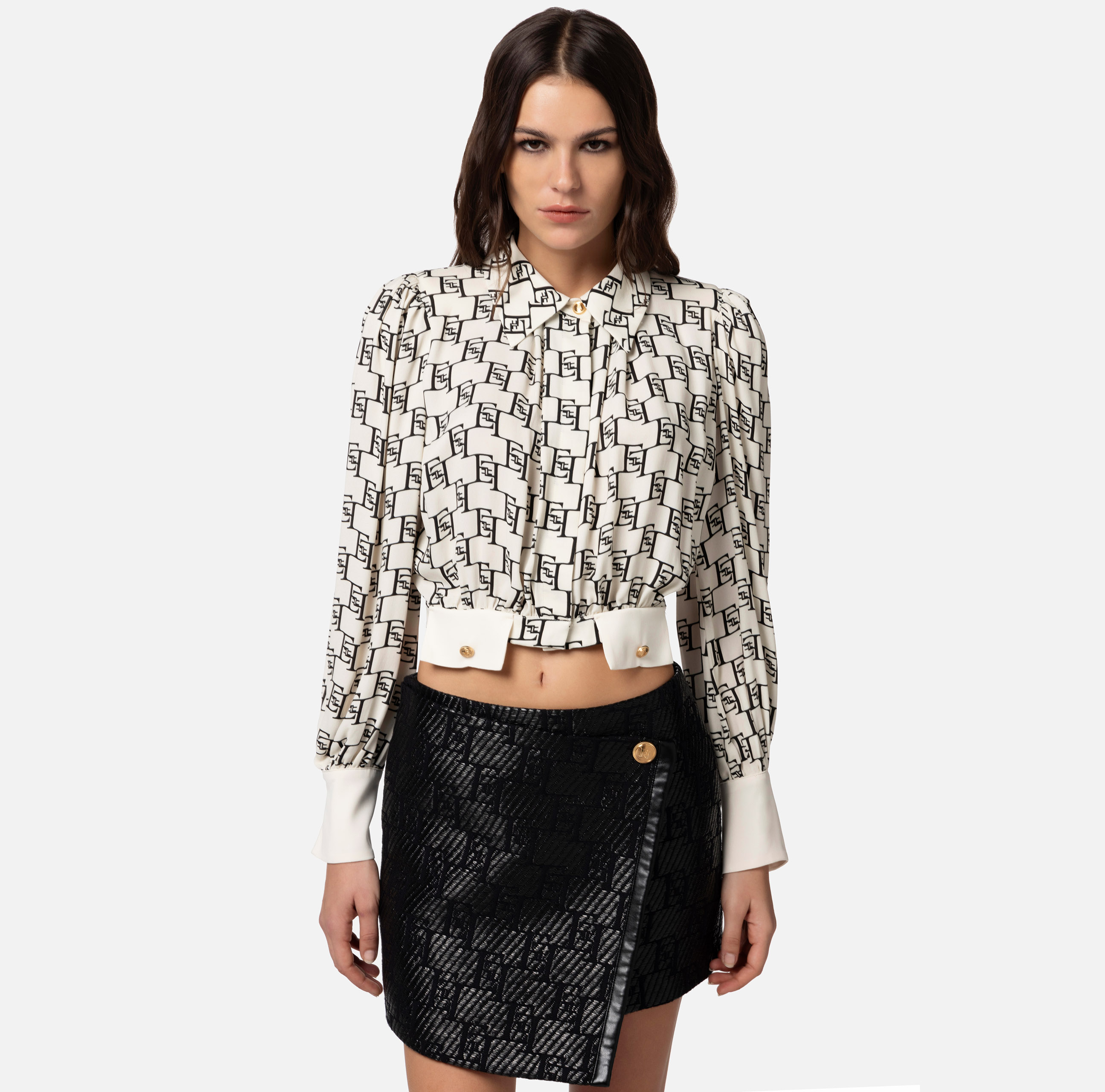 Cropped blouse in viscose georgette fabric with logo print - Elisabetta Franchi
