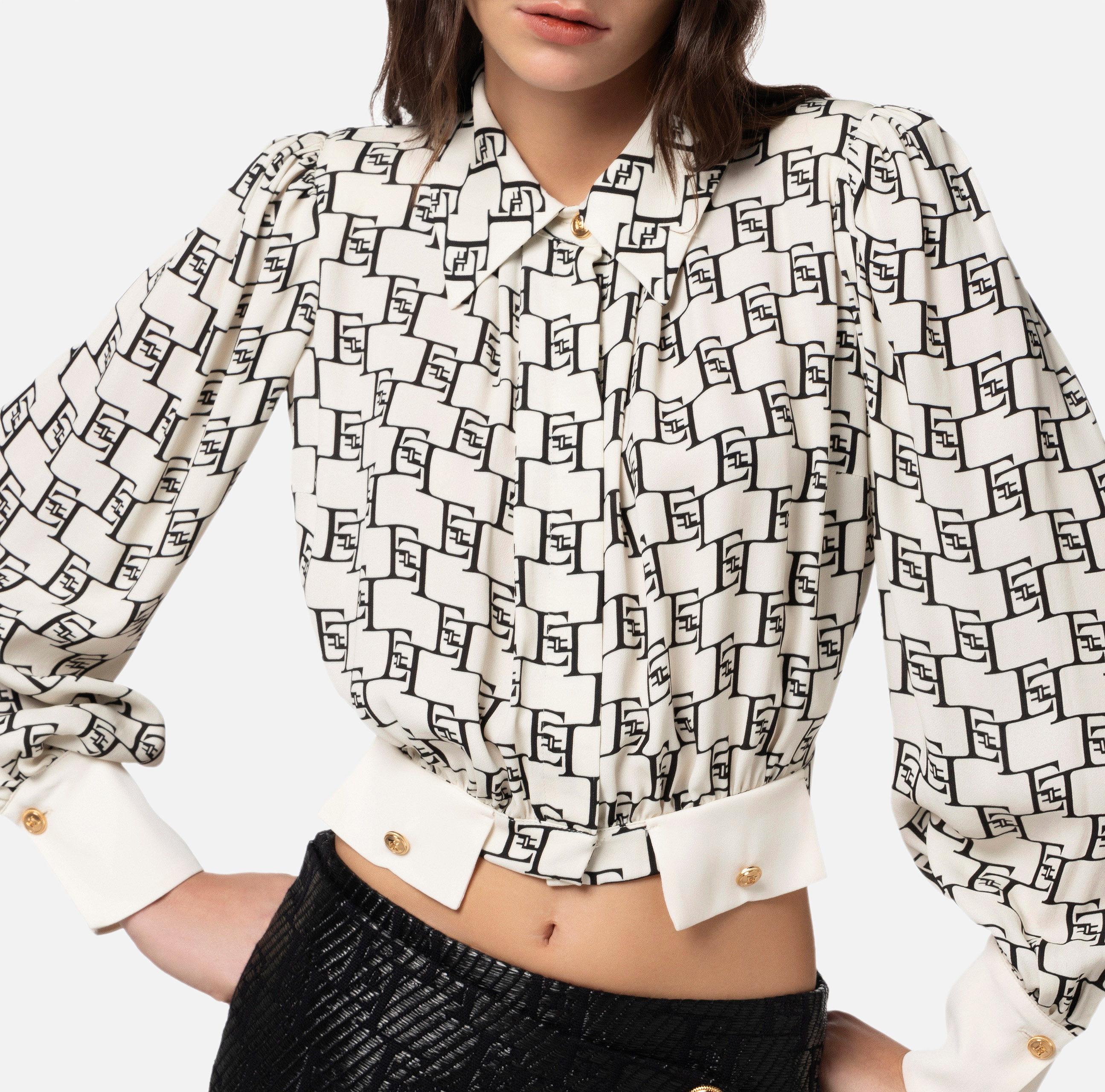 Cropped blouse van viscose georgette met print met logo - Elisabetta Franchi