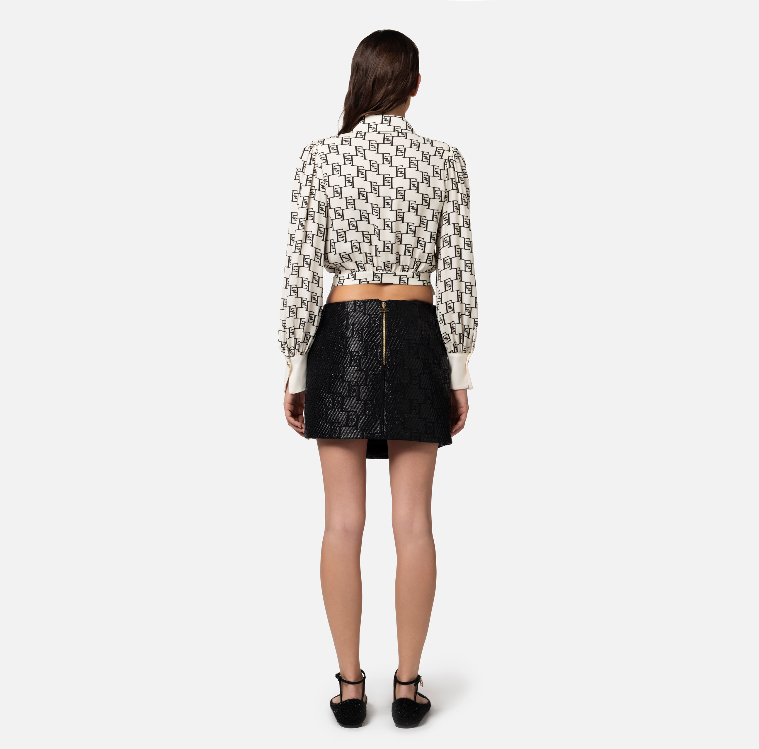 Cropped blouse in viscose georgette fabric with logo print - Elisabetta Franchi