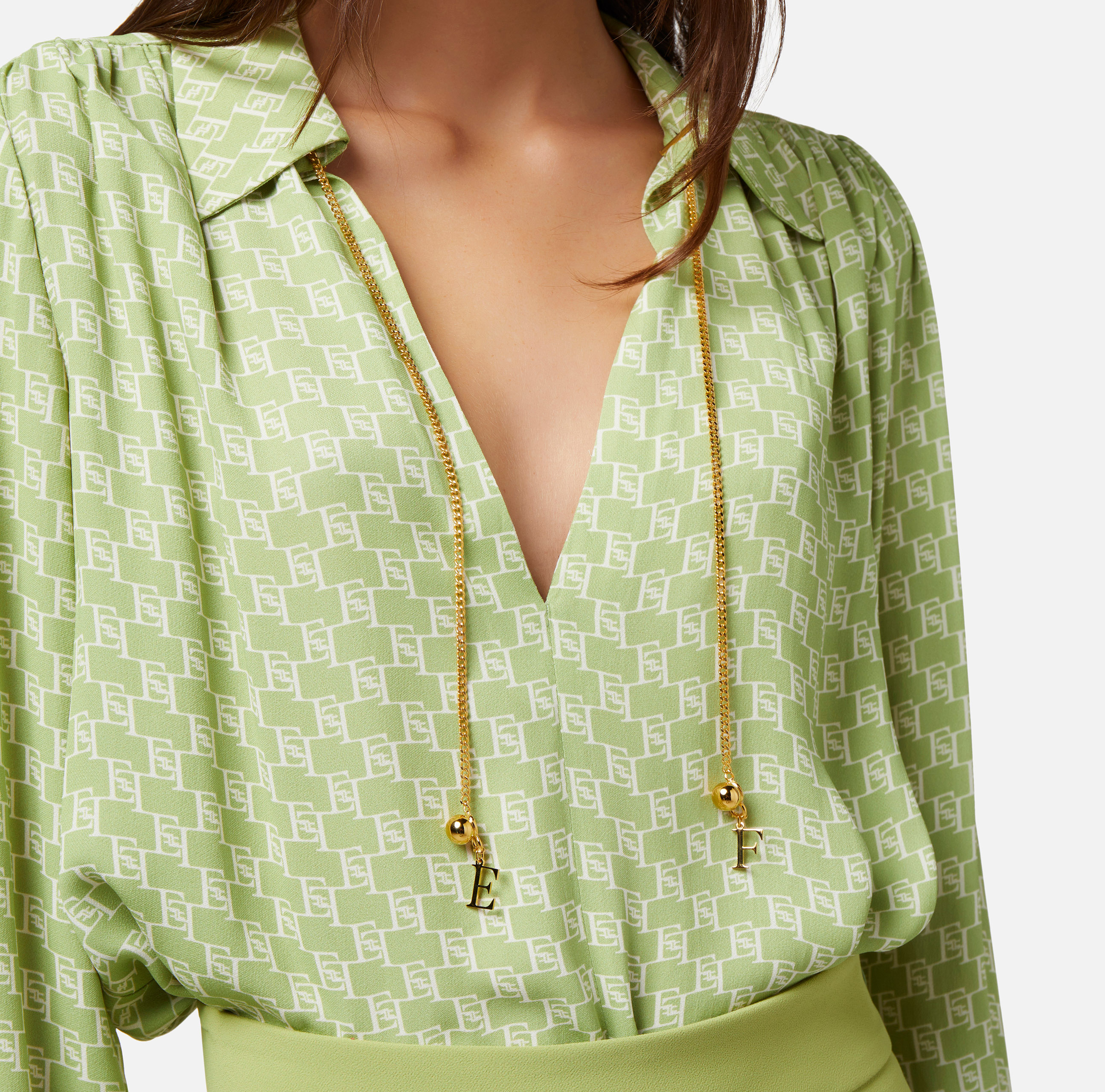 Blouse in viscose georgette fabric with logo print and accessory at the neck - Elisabetta Franchi