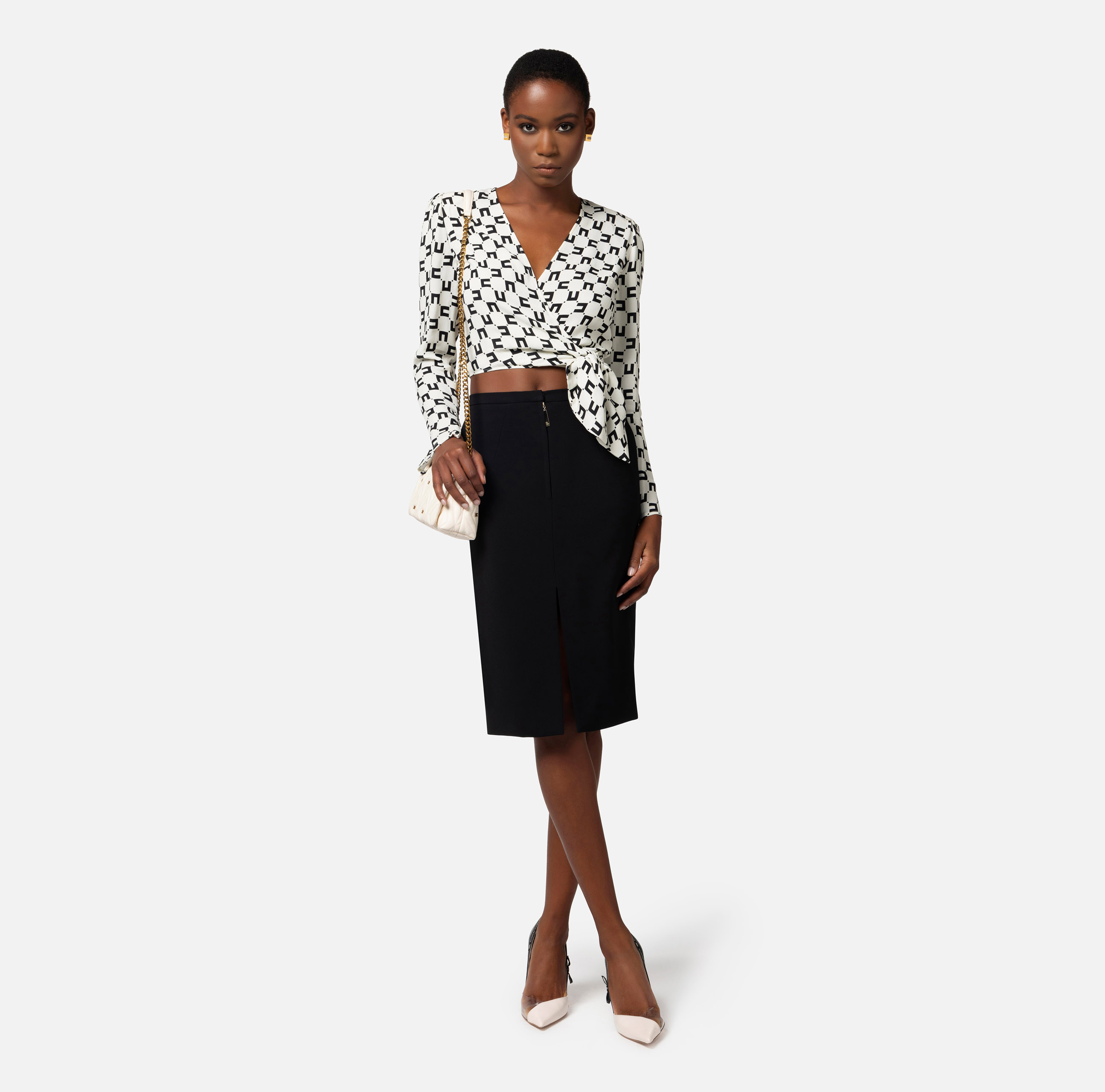 Cropped blouse in viscose georgette fabric with logo print and knot - Elisabetta Franchi