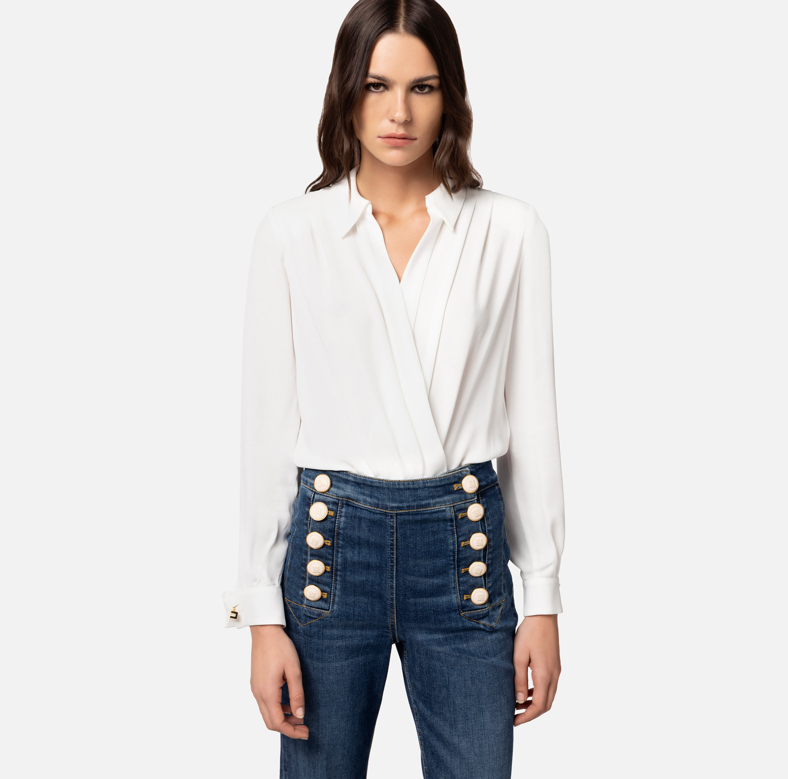 Crossover bodysuit-style blouse in viscose georgette fabric with cufflink - Elisabetta Franchi