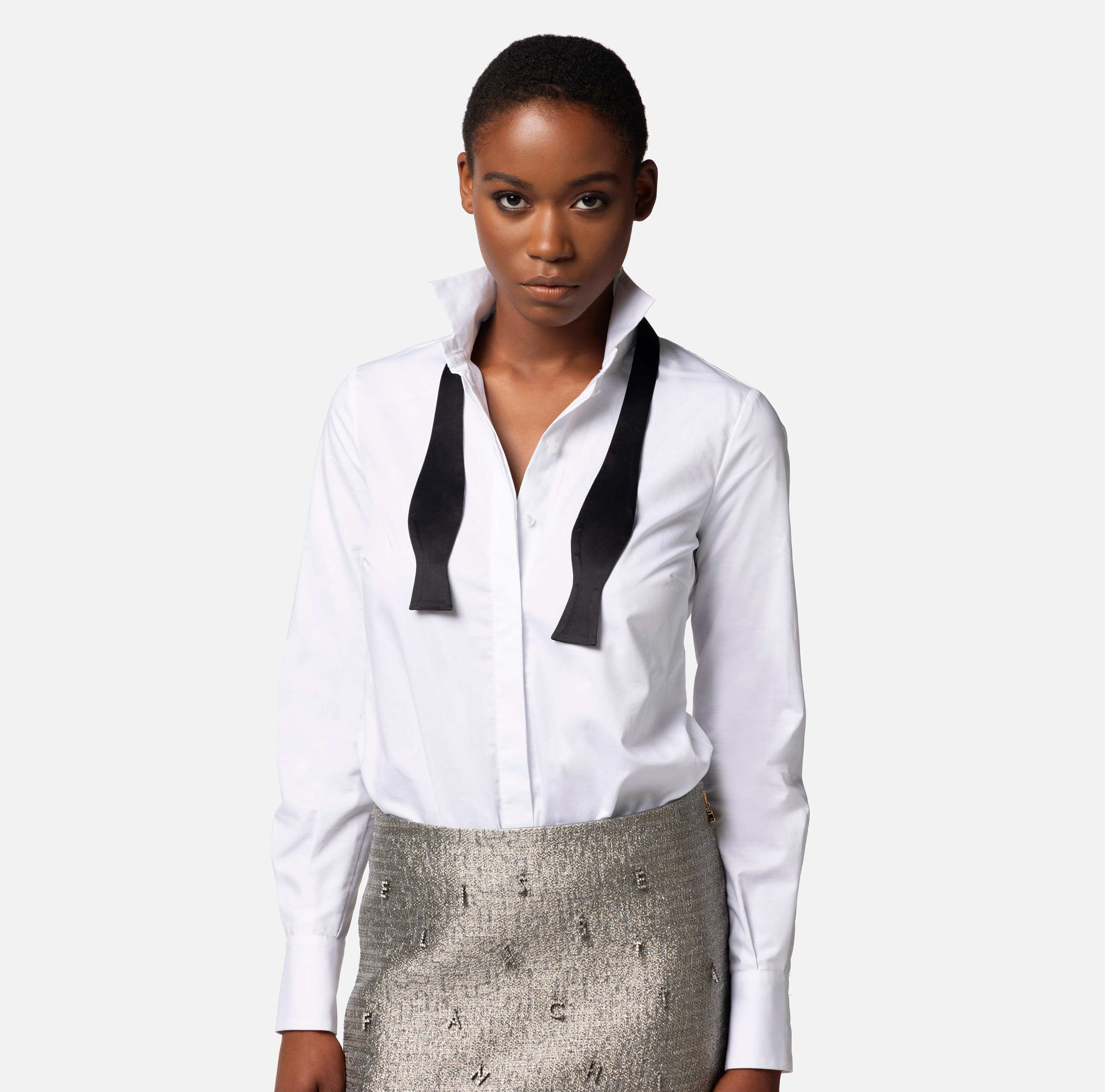 Cotton poplin bodysuit-style shirt with bow tie - Elisabetta Franchi
