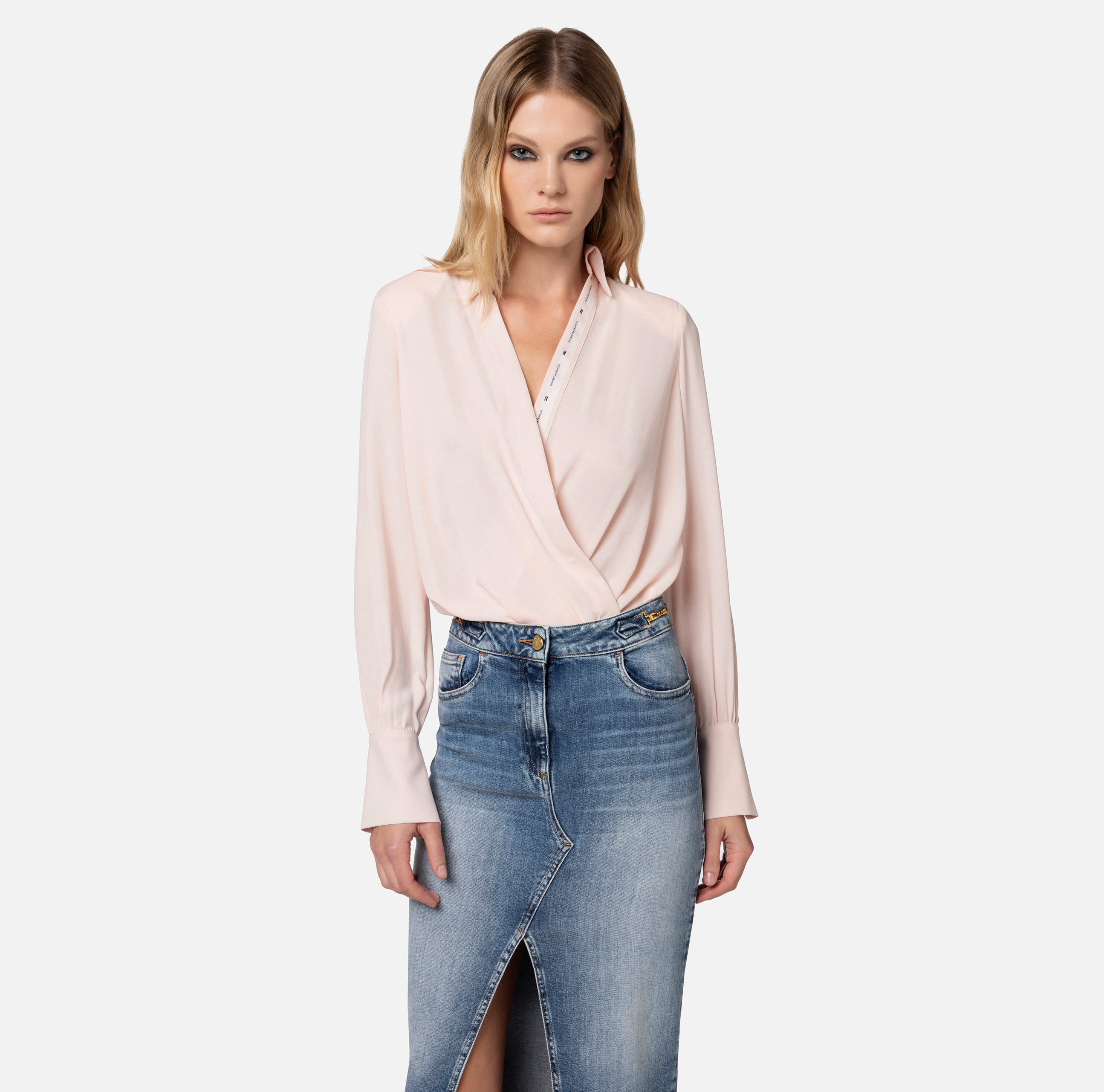 Crossed bodysuit-style shirt in georgette fabric with logoed ribbon - Elisabetta Franchi