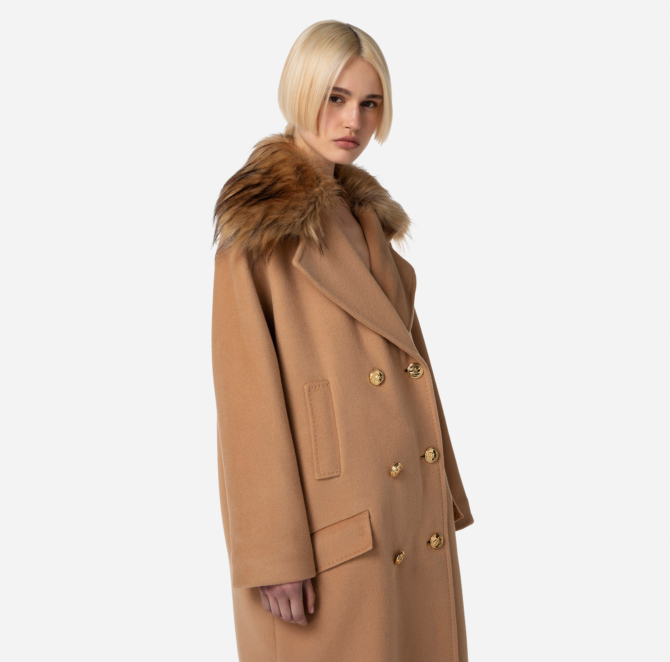 Pure wool coat with soft effect fabric collar - Elisabetta Franchi