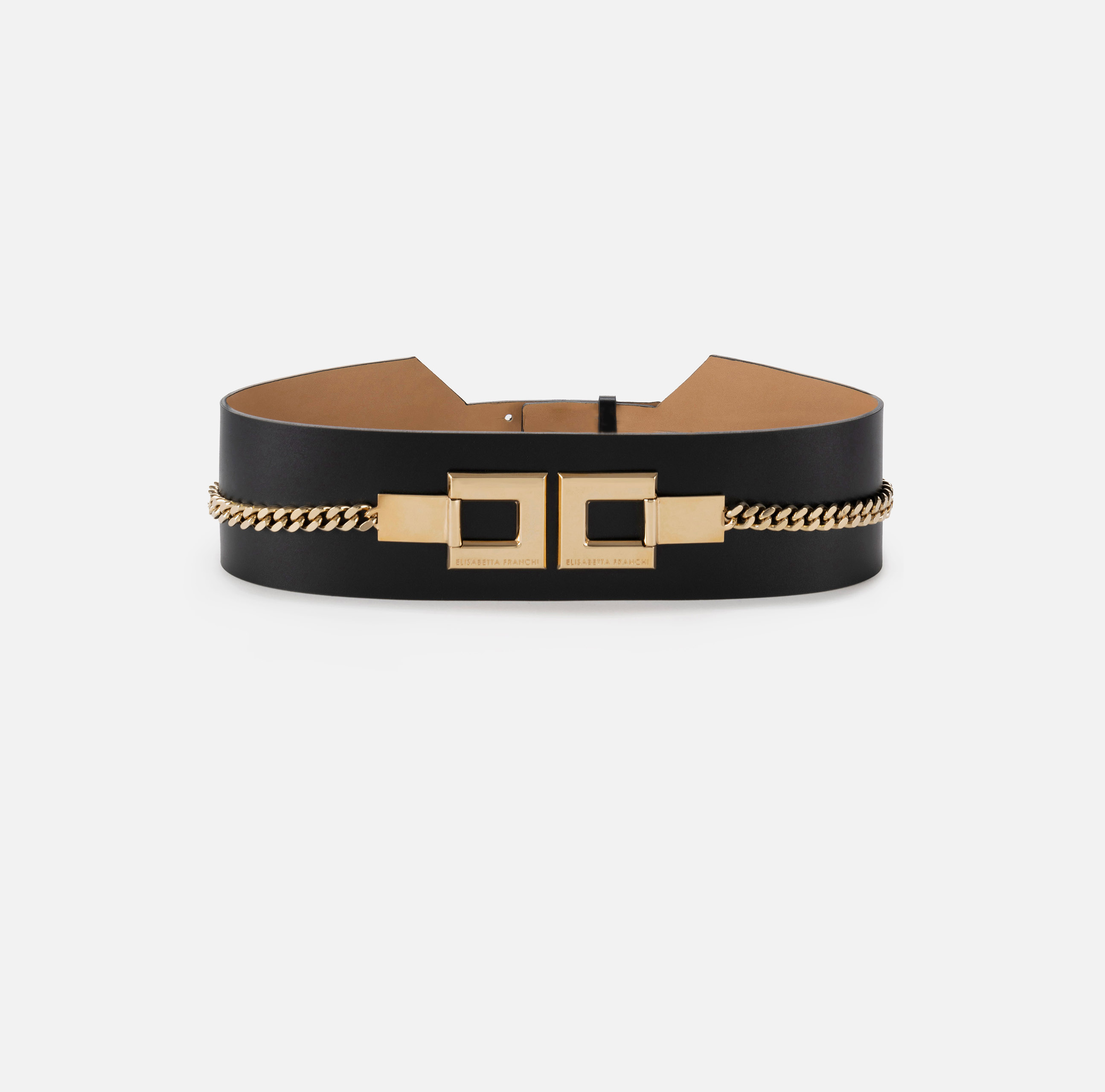 Wide synthetic material belt with logo and chain - ACCESSORI - Elisabetta Franchi