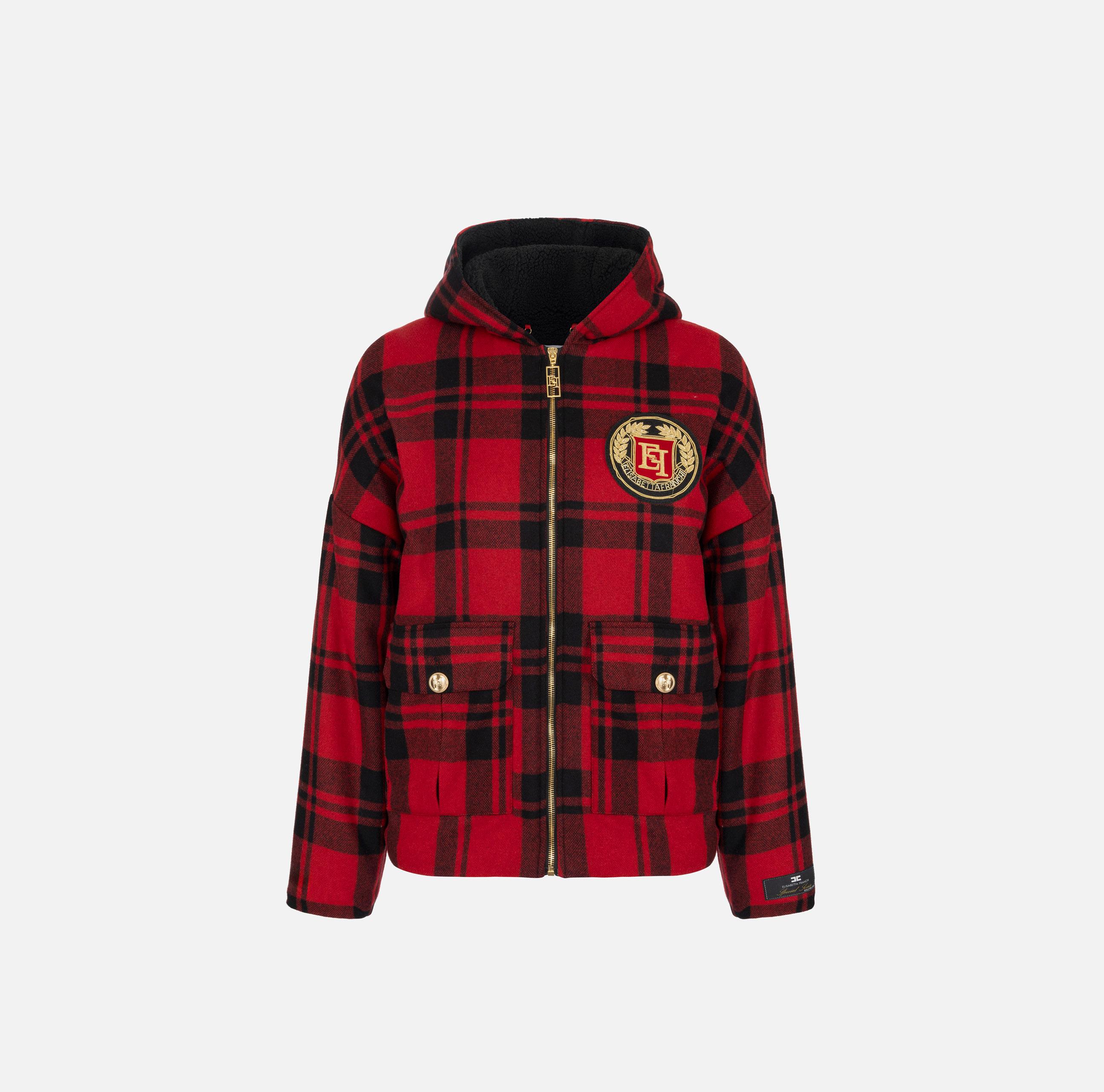 Wool tartan padded jacket with hood and embroidered patch - Elisabetta Franchi