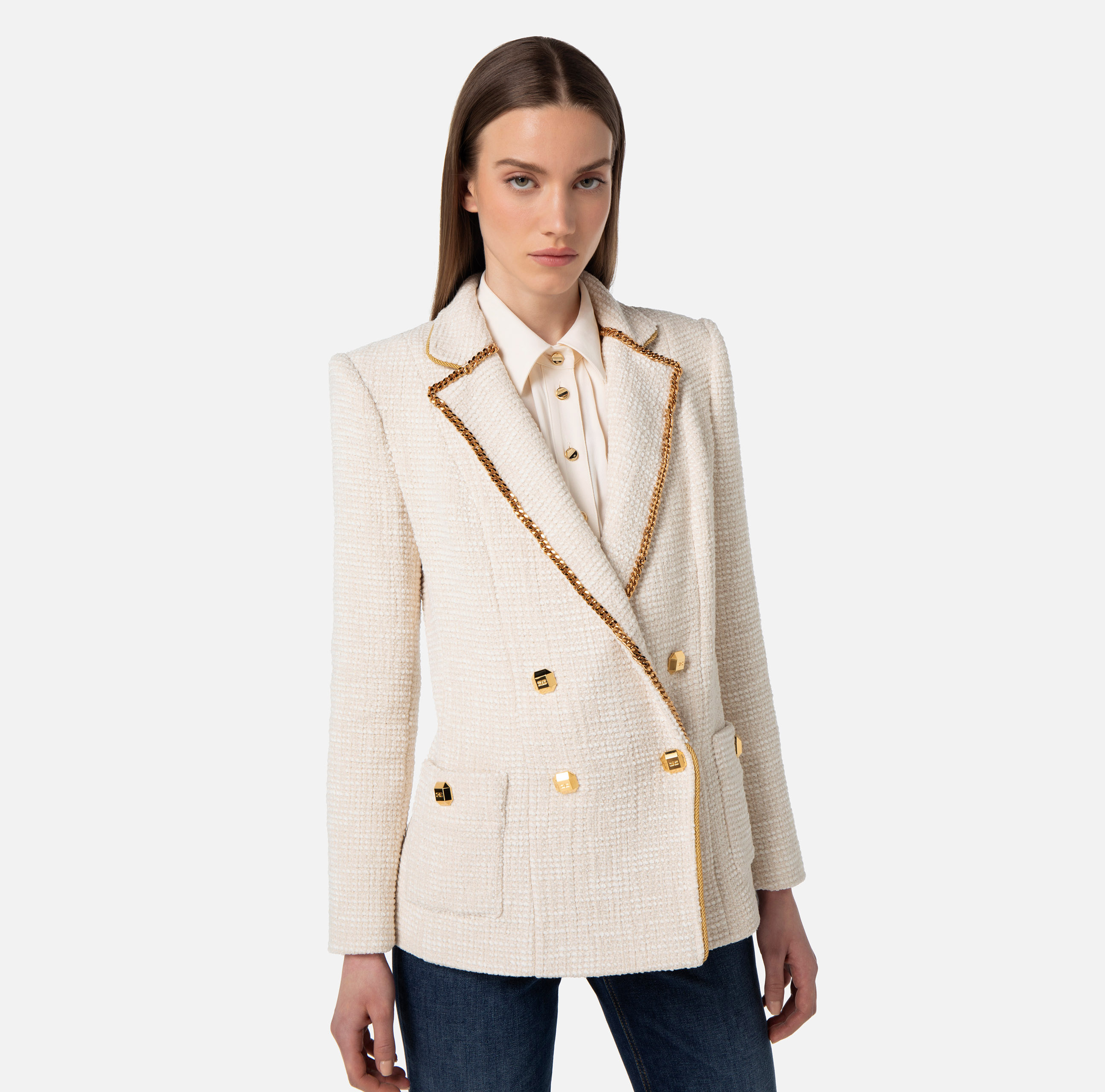 Double-breasted tweed jacket with chain - Elisabetta Franchi