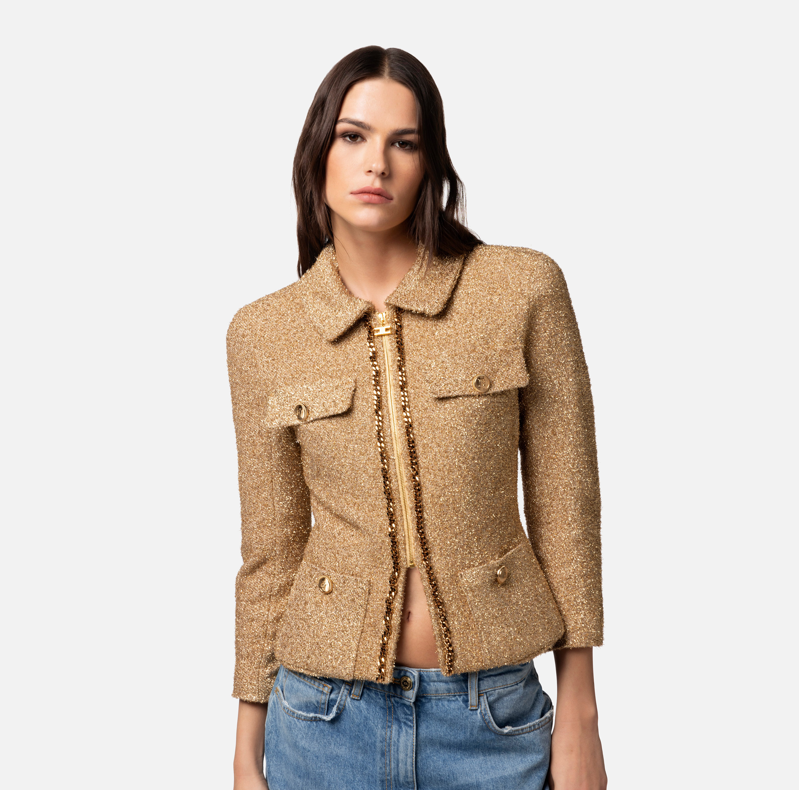 Cropped blazer van lurex tweed met kettingdetail - Elisabetta Franchi