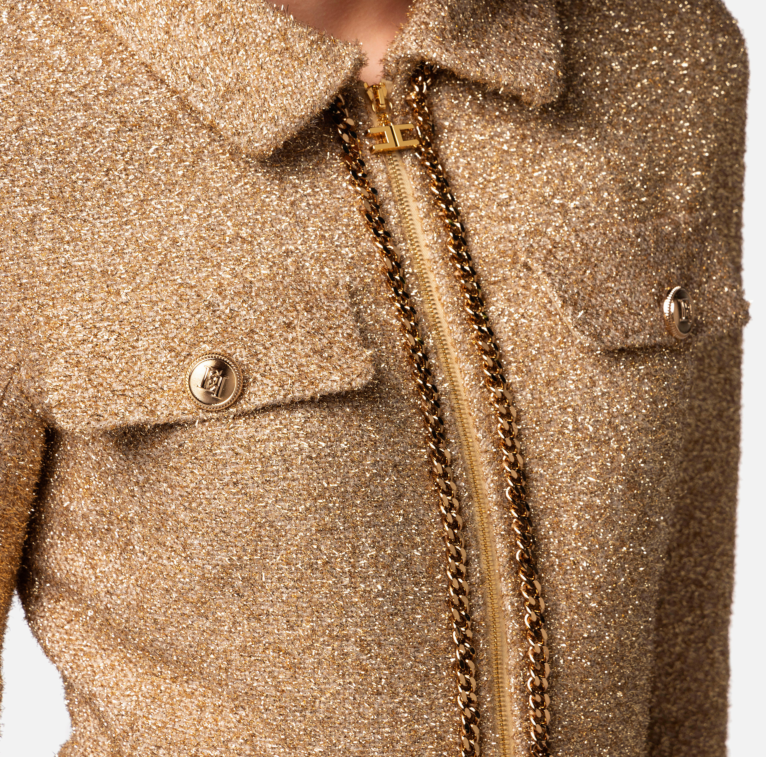 Chaqueta cropped en tweed de lúrex con cadena - Elisabetta Franchi