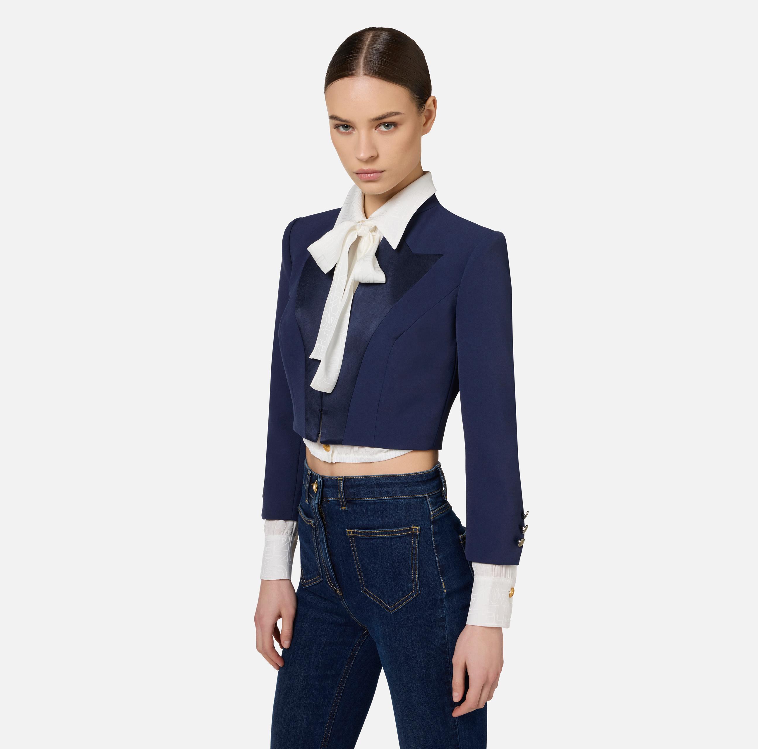 Giacca cropped in crêpe con revers in raso - Elisabetta Franchi