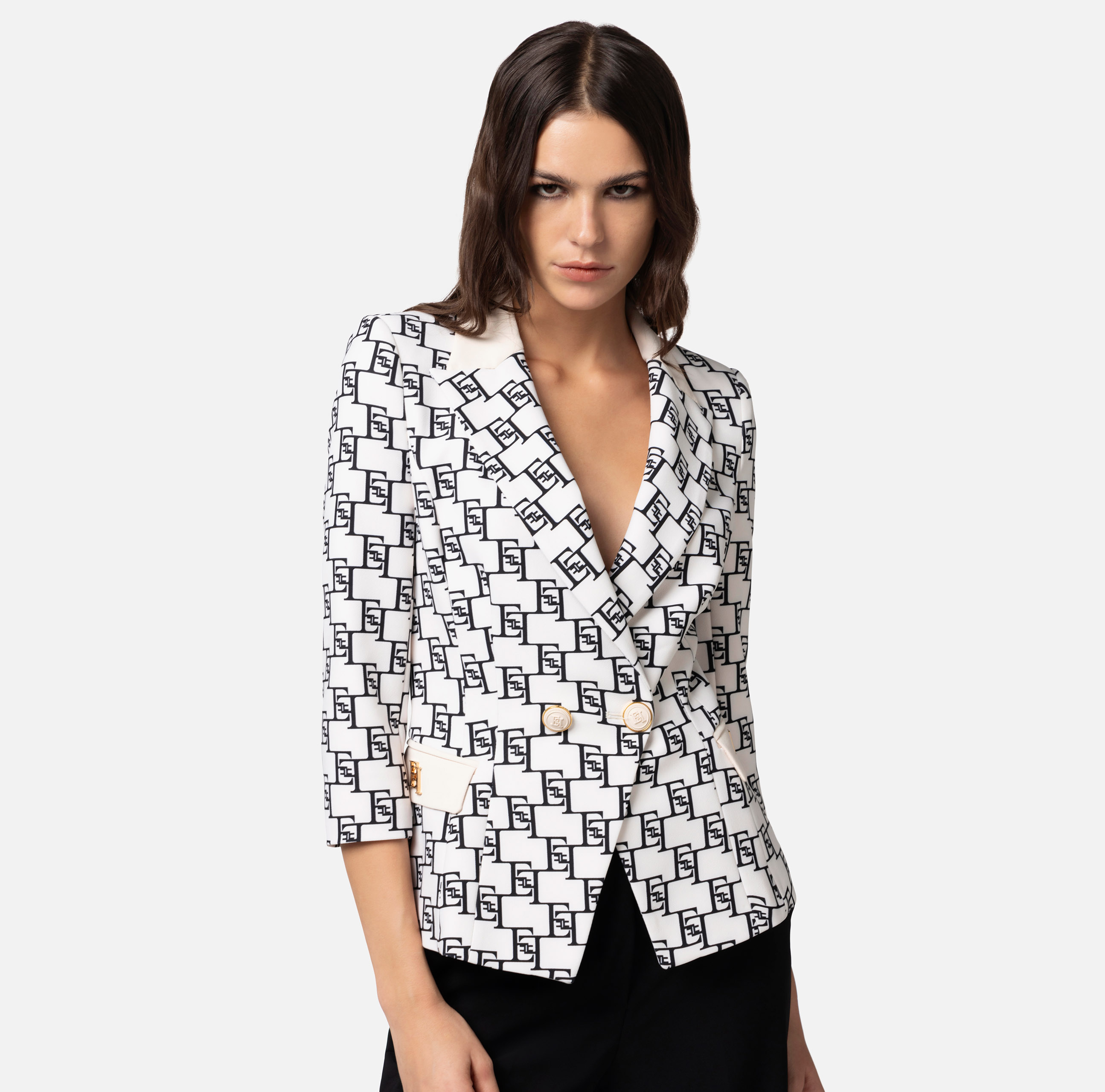 Double-breasted crêpe jacket with logo print and plaque - Elisabetta Franchi