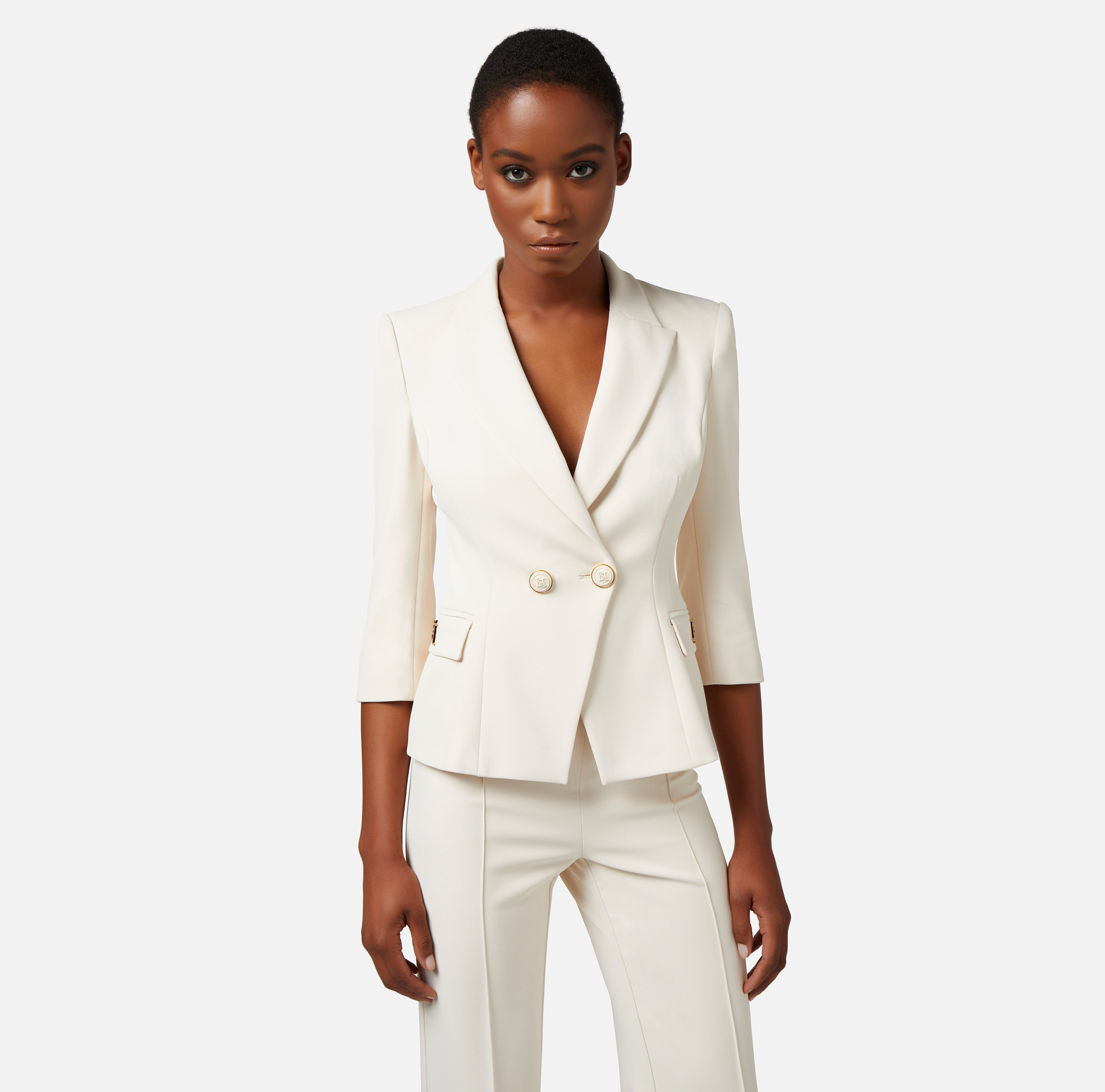 Double-breasted crêpe jacket with logo plaque - Elisabetta Franchi