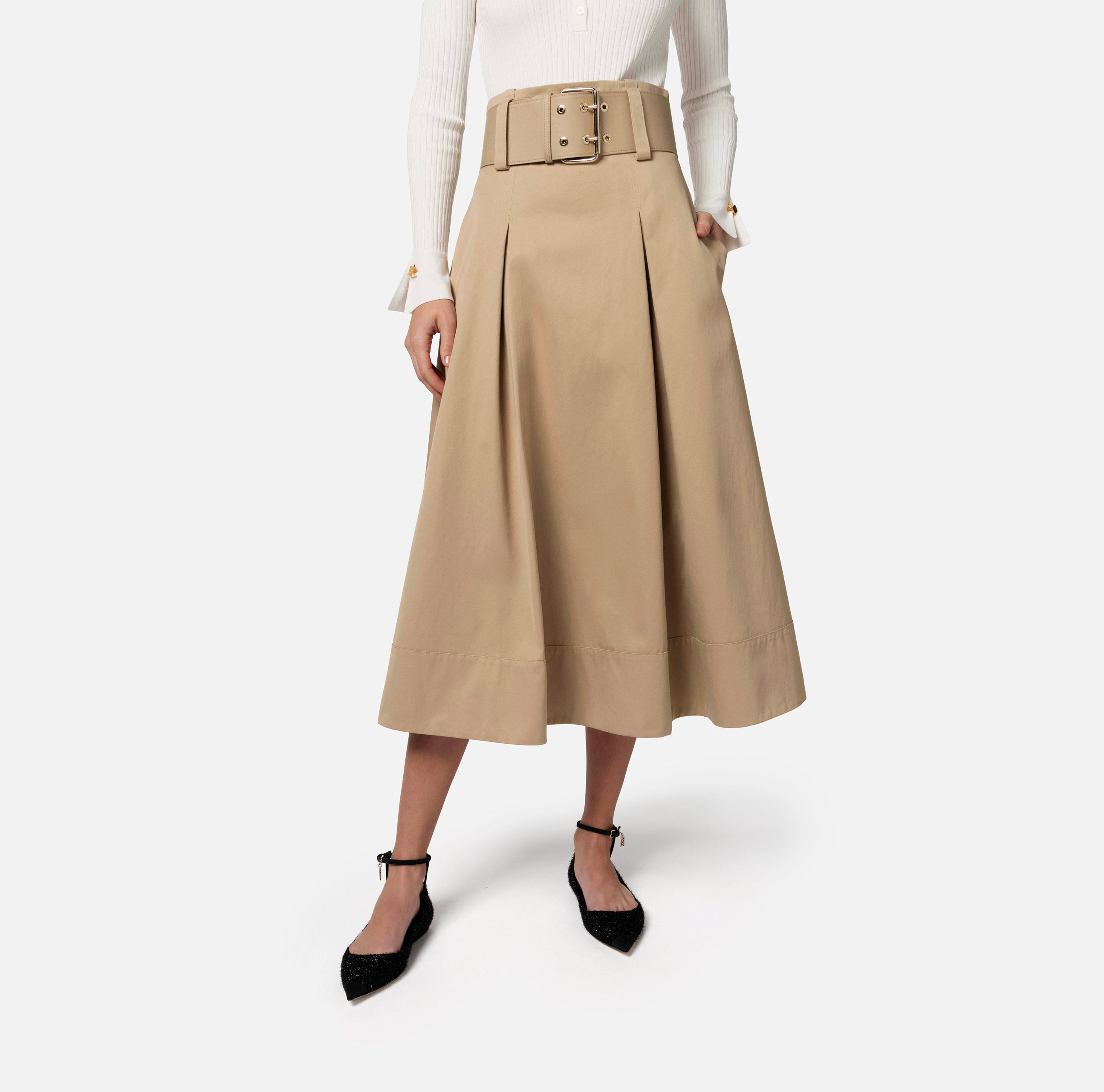 Falda midi de algodón elástico con cinturón - Elisabetta Franchi