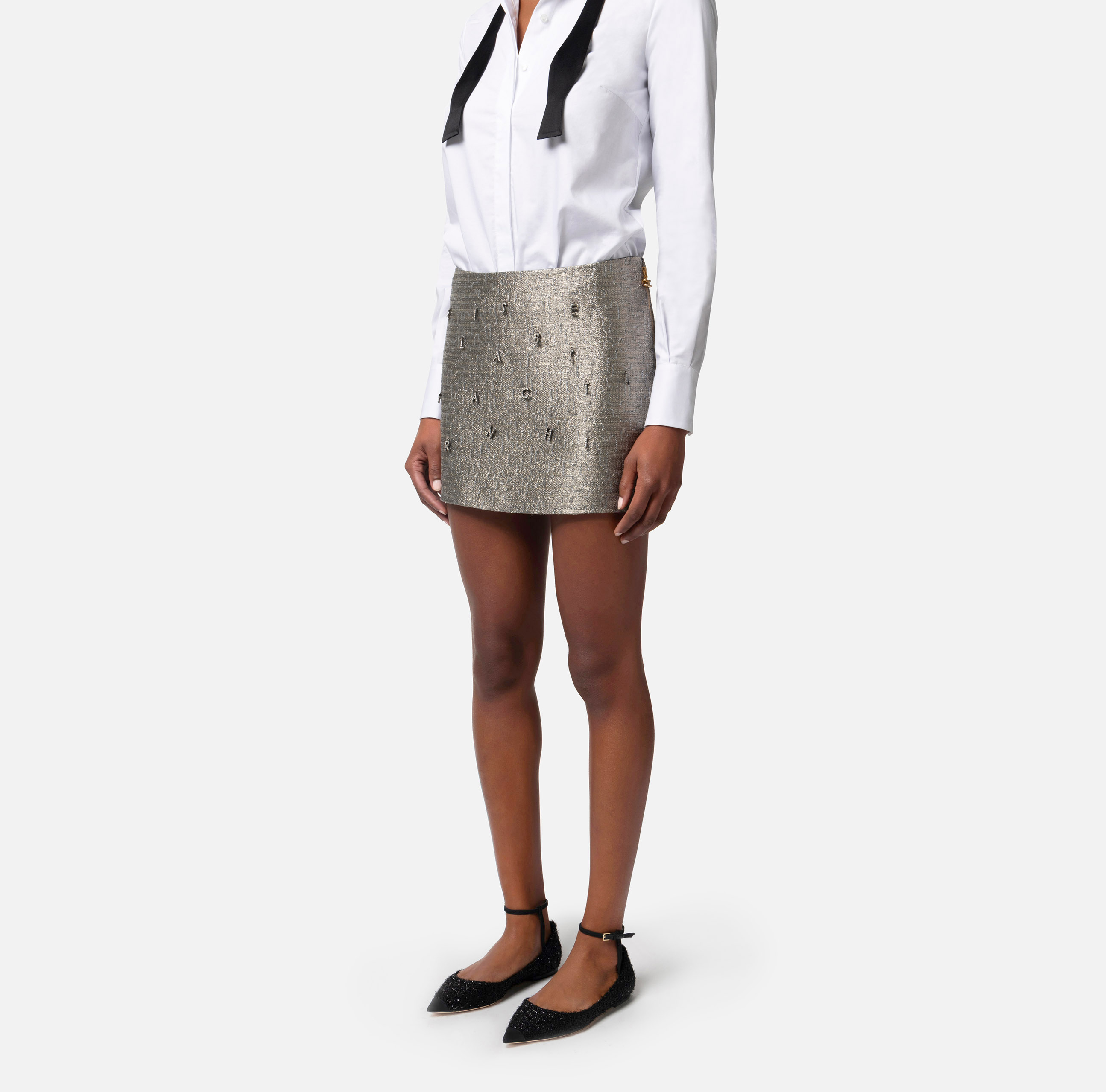 Spódnica mini z tweedu z lureksem z logo z liter ze sztrasu - Elisabetta Franchi