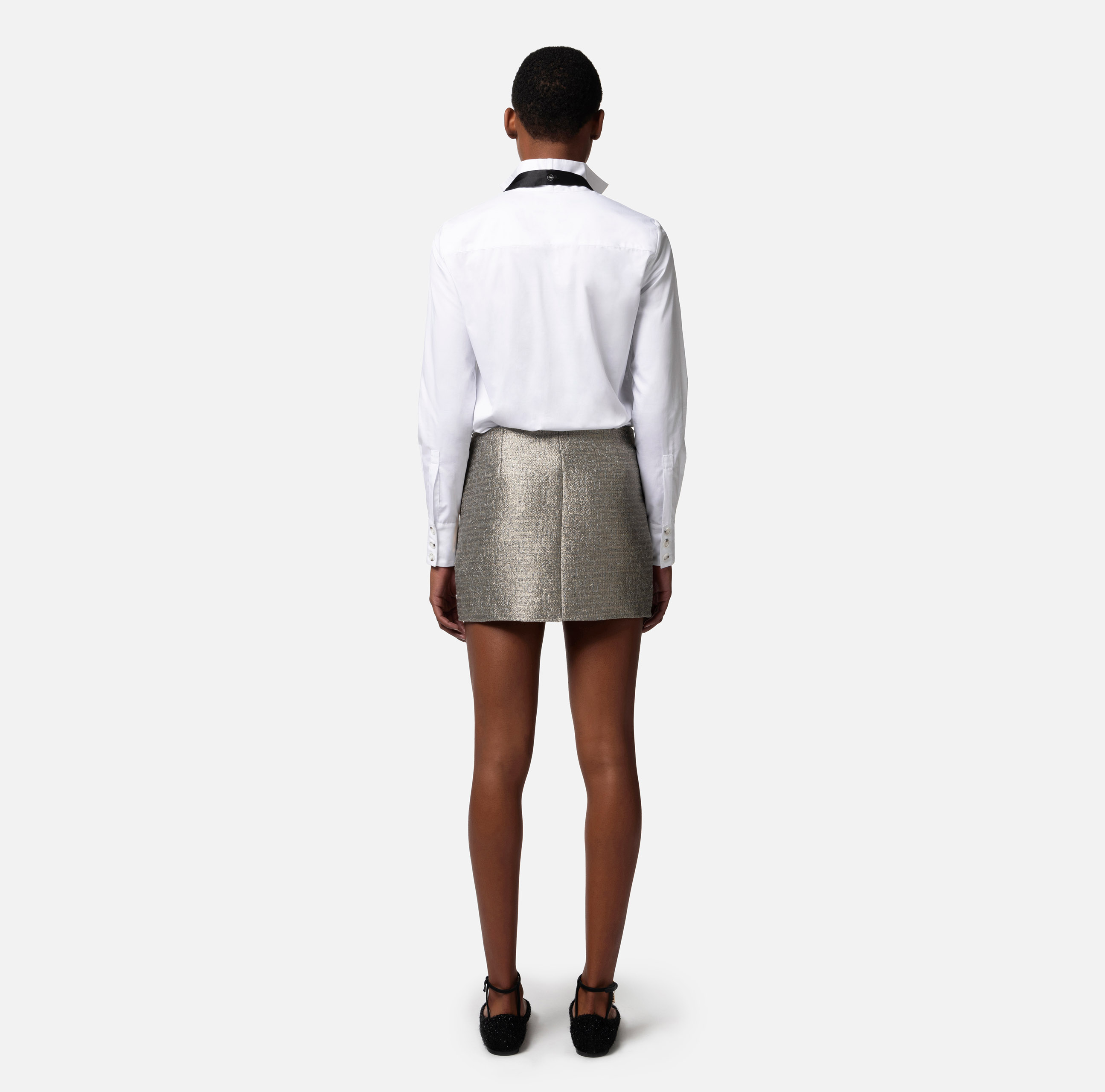Spódnica mini z tweedu z lureksem z logo z liter ze sztrasu - Elisabetta Franchi