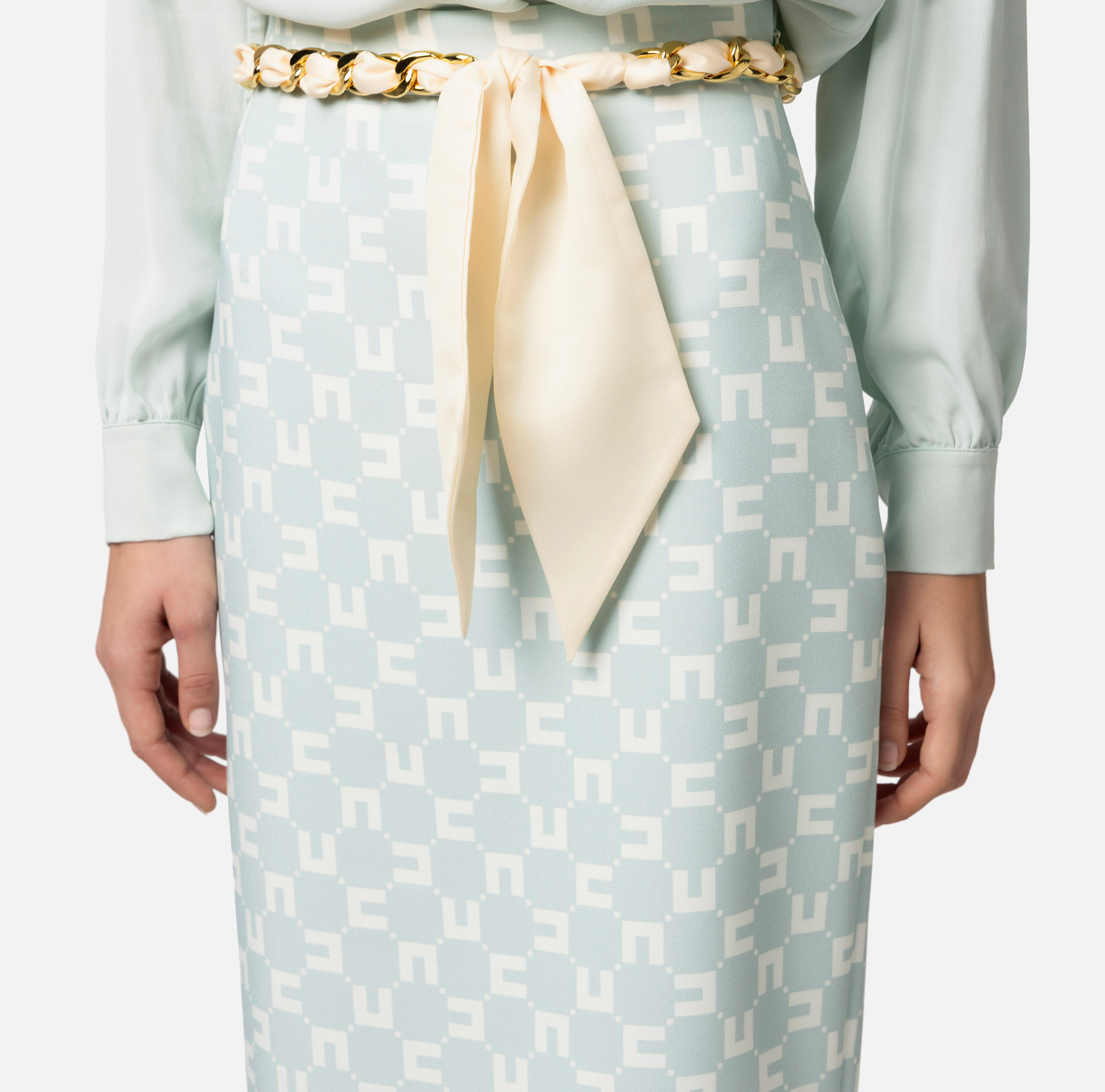 Jupe mi-mollet en crêpe stretch imprimé logo avec ceinture foulard - Elisabetta Franchi