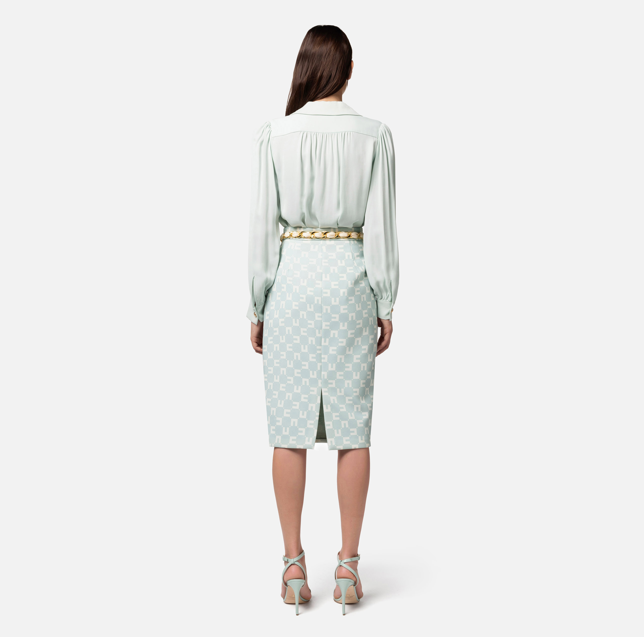 Falda midi de crepé elástico con estampado de logotipo y cinturón fular - Elisabetta Franchi