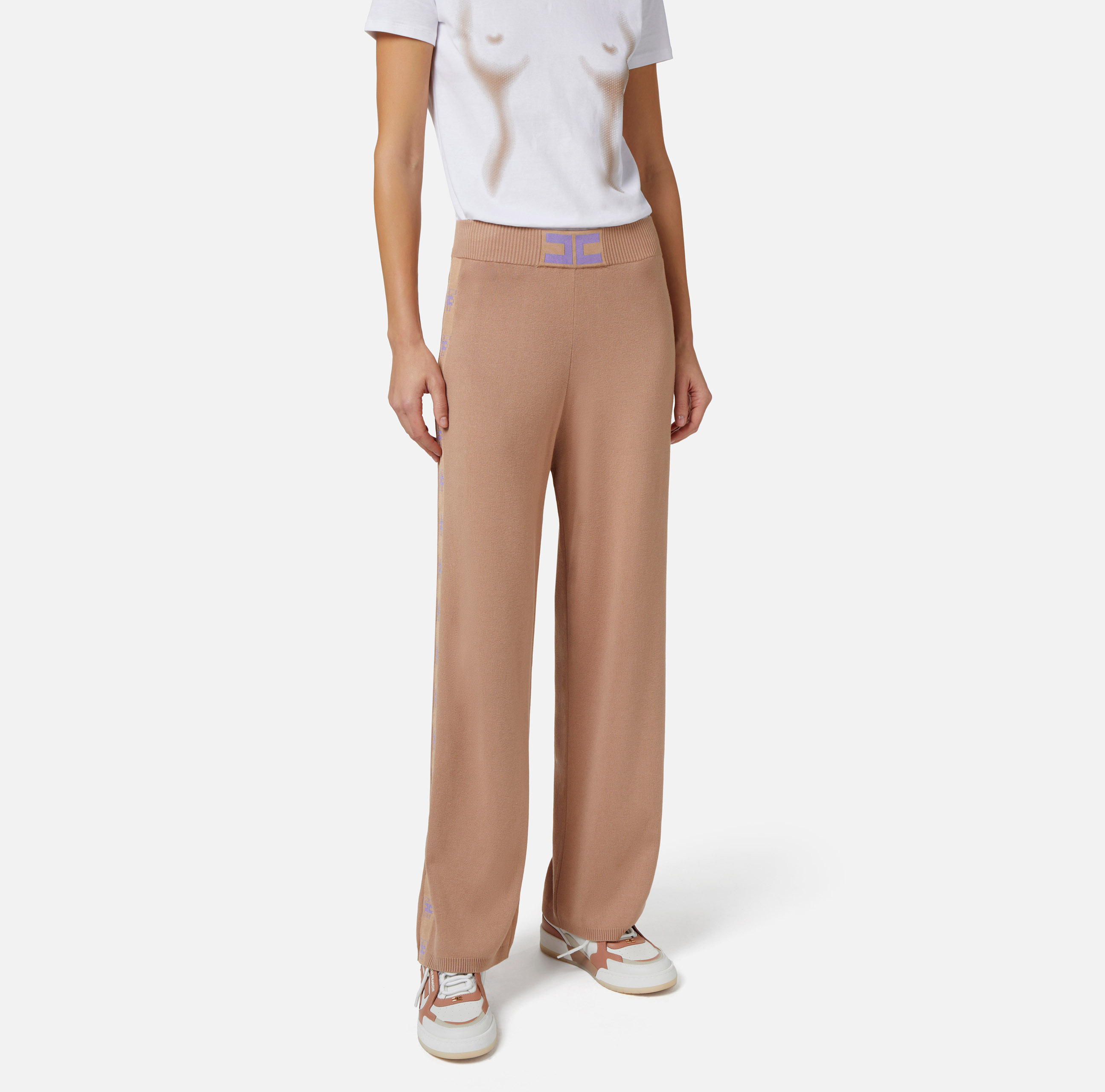 Spodnie z szerokimi nogawkami z wiskozy z pasami z logo - Elisabetta Franchi