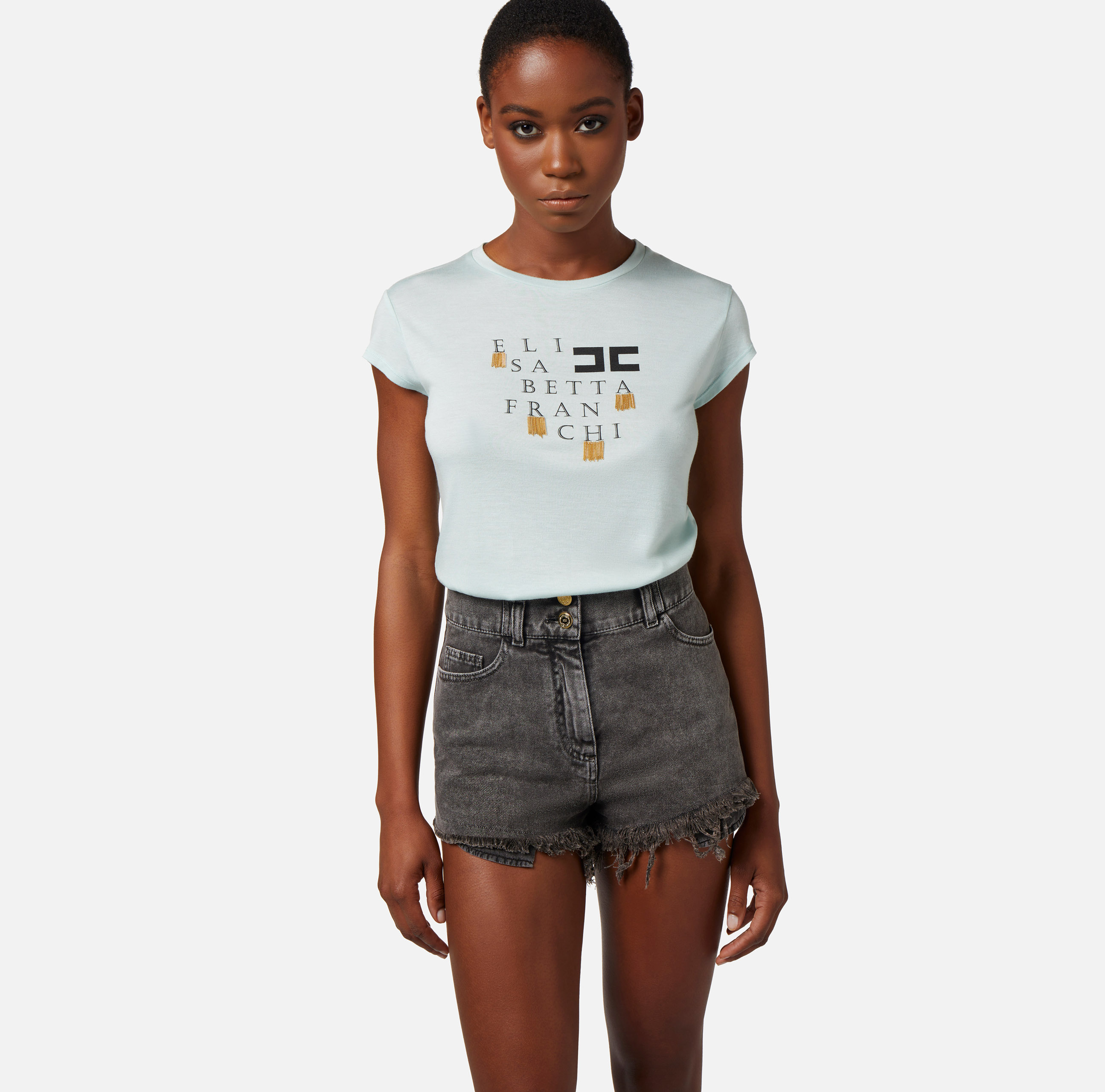 T-shirt z dżerseju z logo i frędzelkami - Elisabetta Franchi