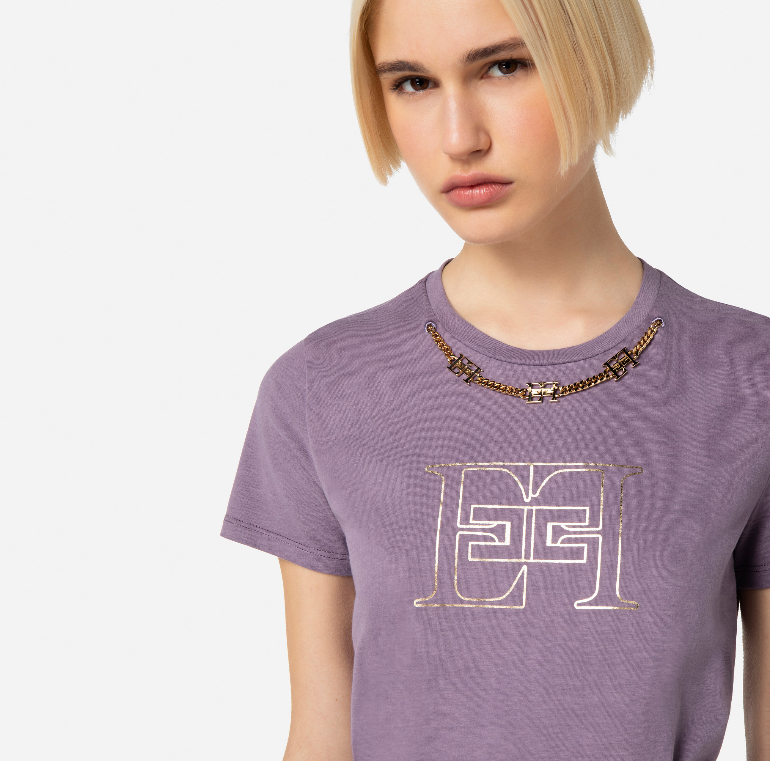 Camiseta de algodón con logotipo y cadena - Elisabetta Franchi