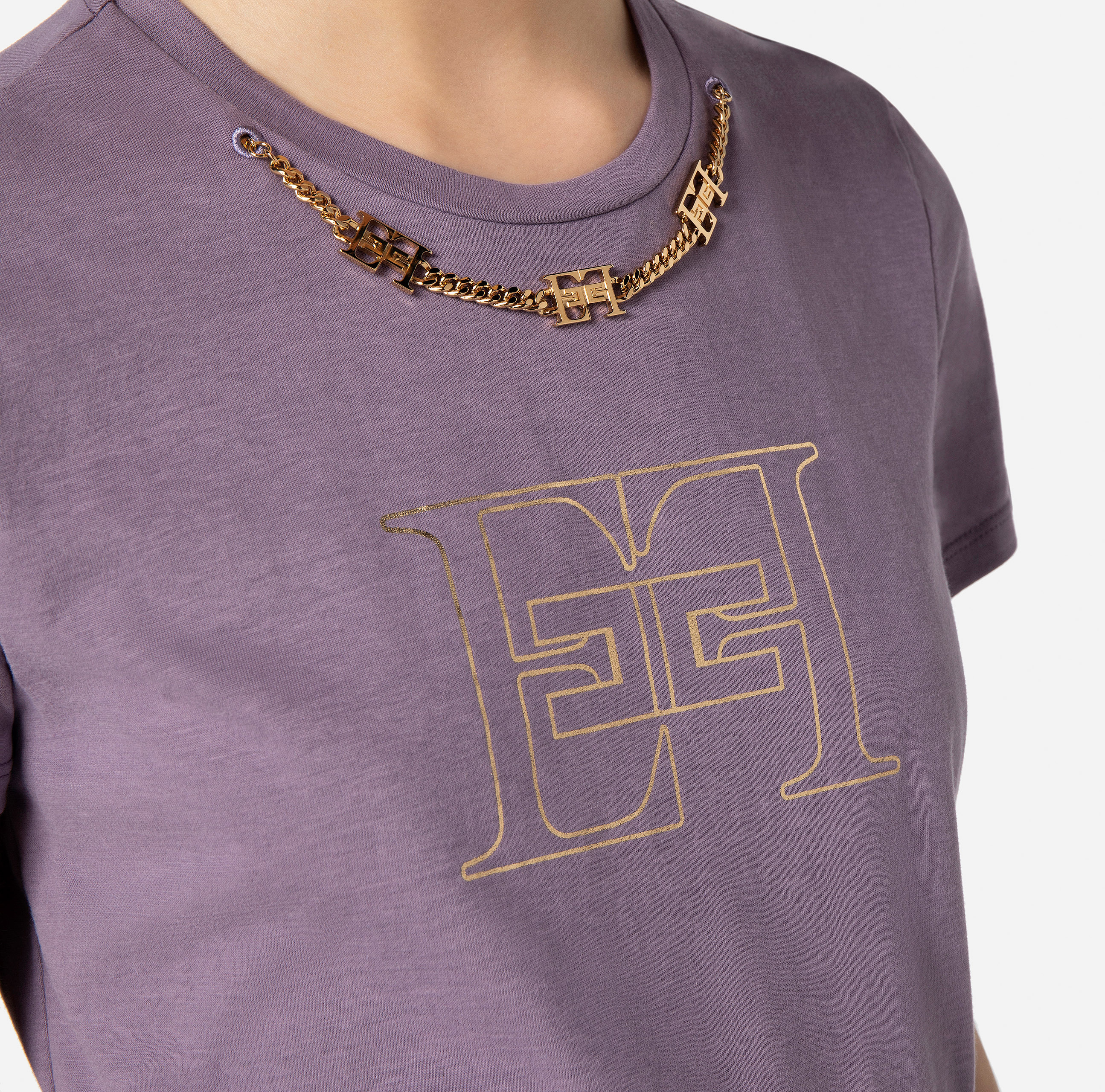 Cotton T-shirt with logo and chain - Elisabetta Franchi