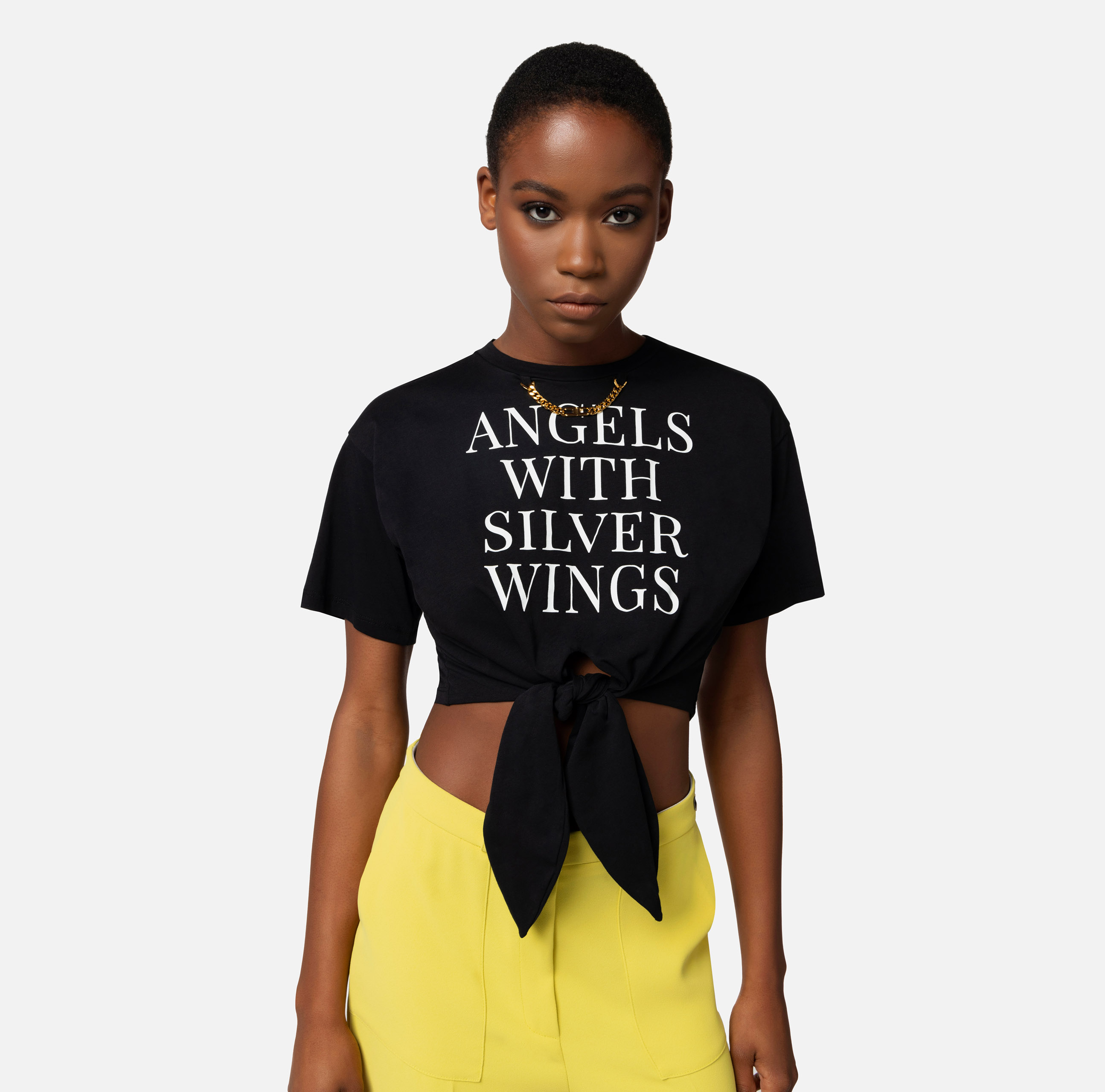 Cropped jersey T-shirt with knot and print - Elisabetta Franchi