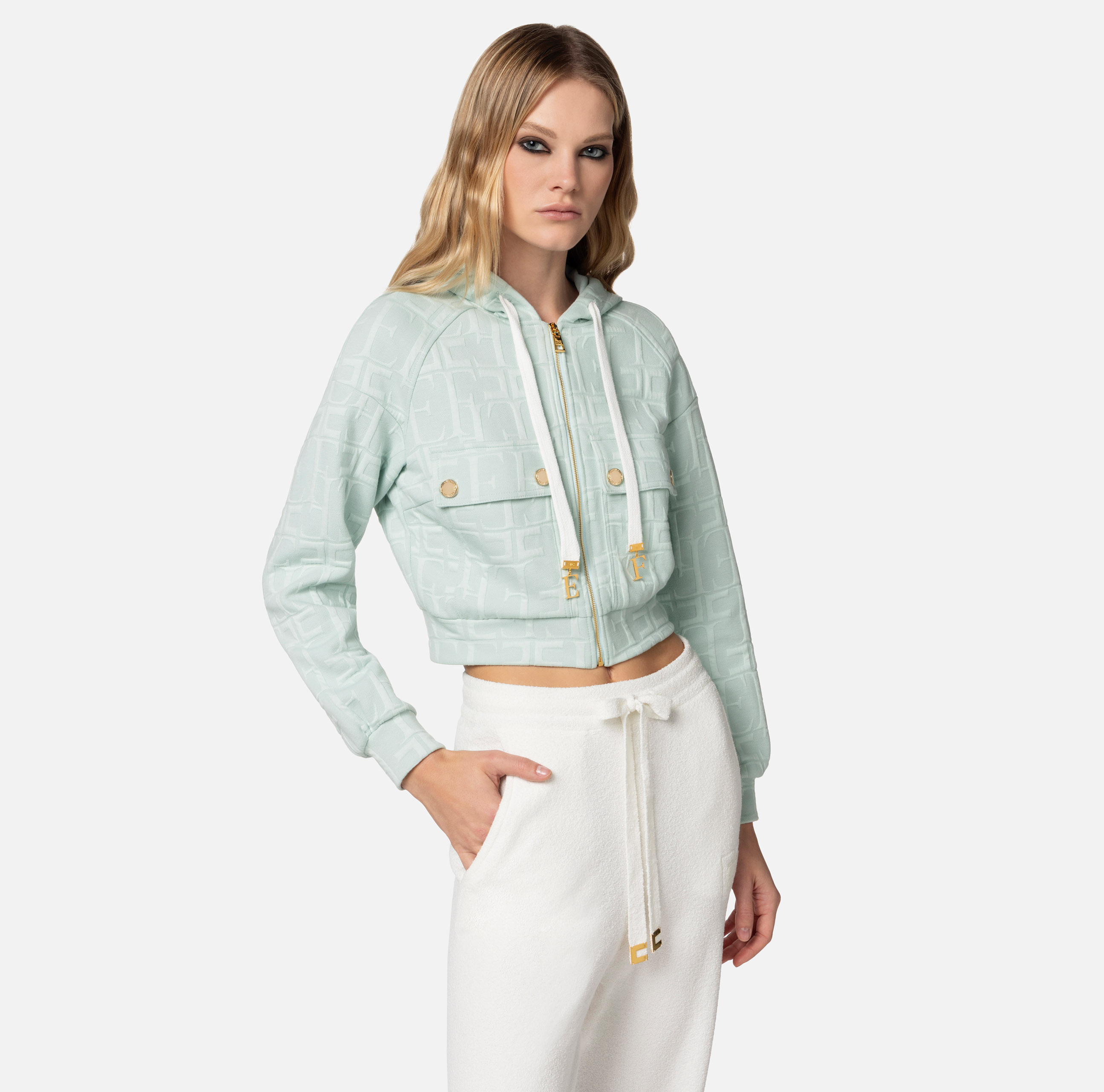Jacquard cotton sweatshirt with hood and zip - Elisabetta Franchi