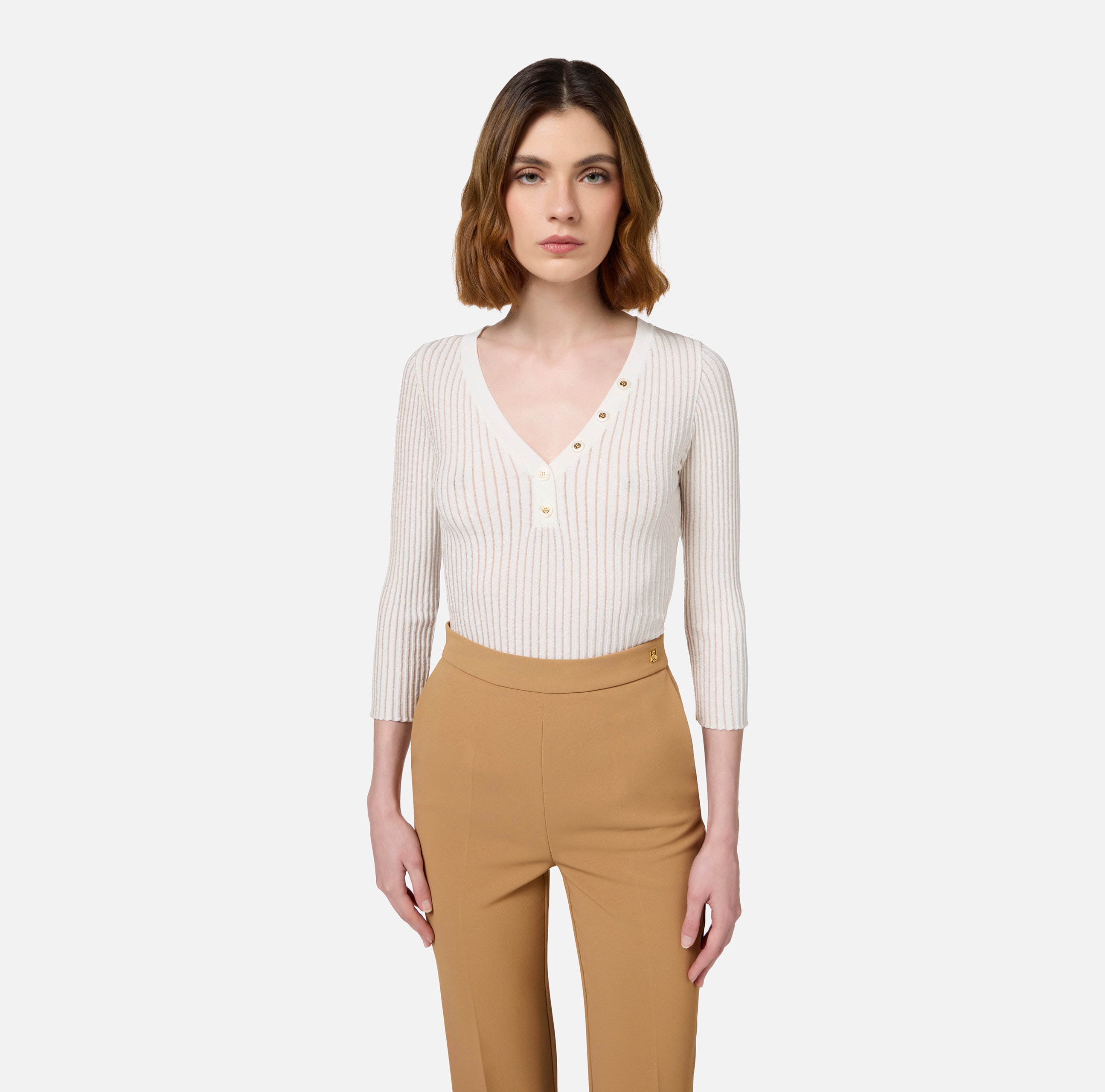 V-neck top in narrow-ribbed lurex and viscose fabric - Elisabetta Franchi