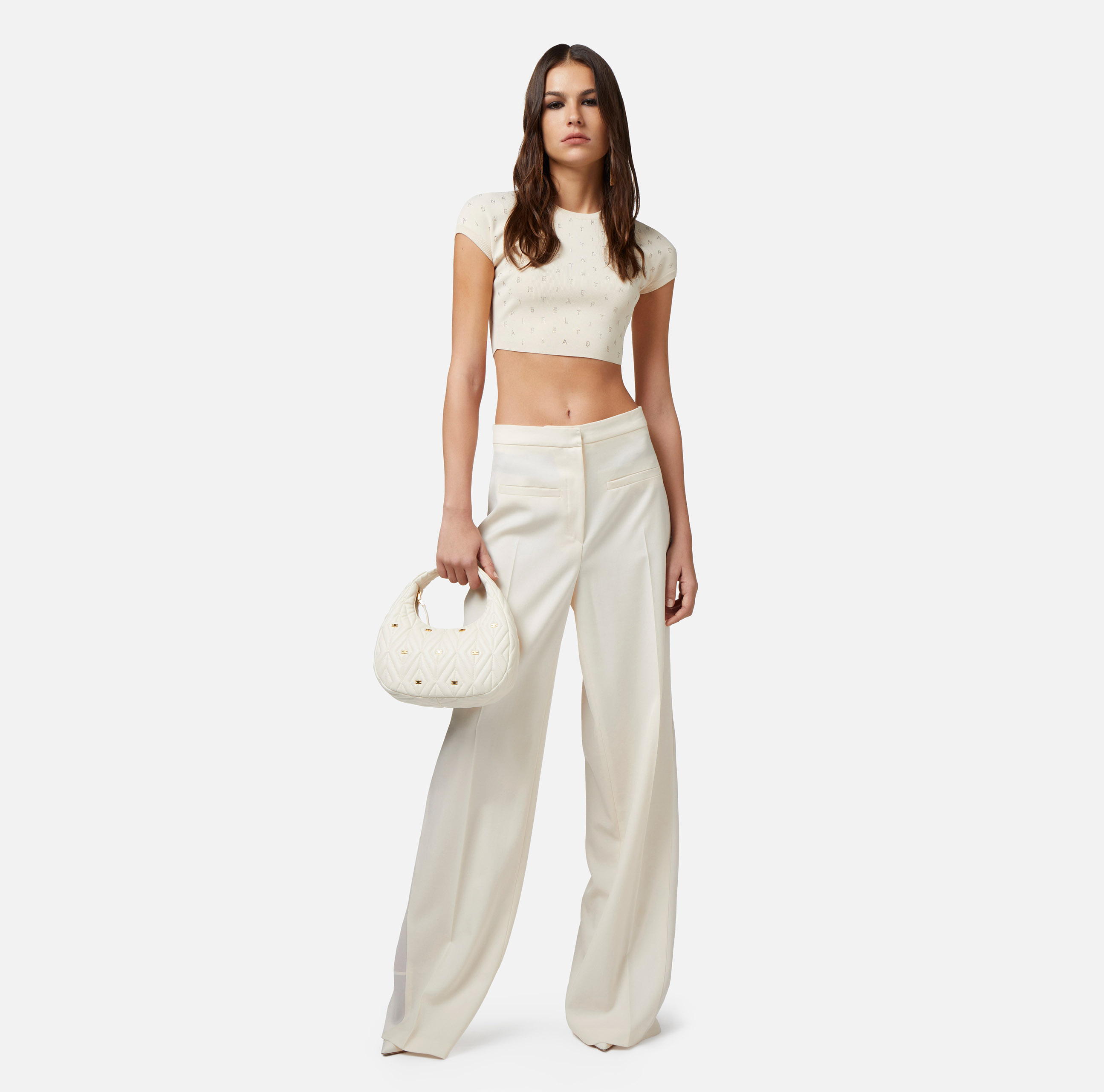 Cropped top in viscose with rhinestone lettering - Elisabetta Franchi