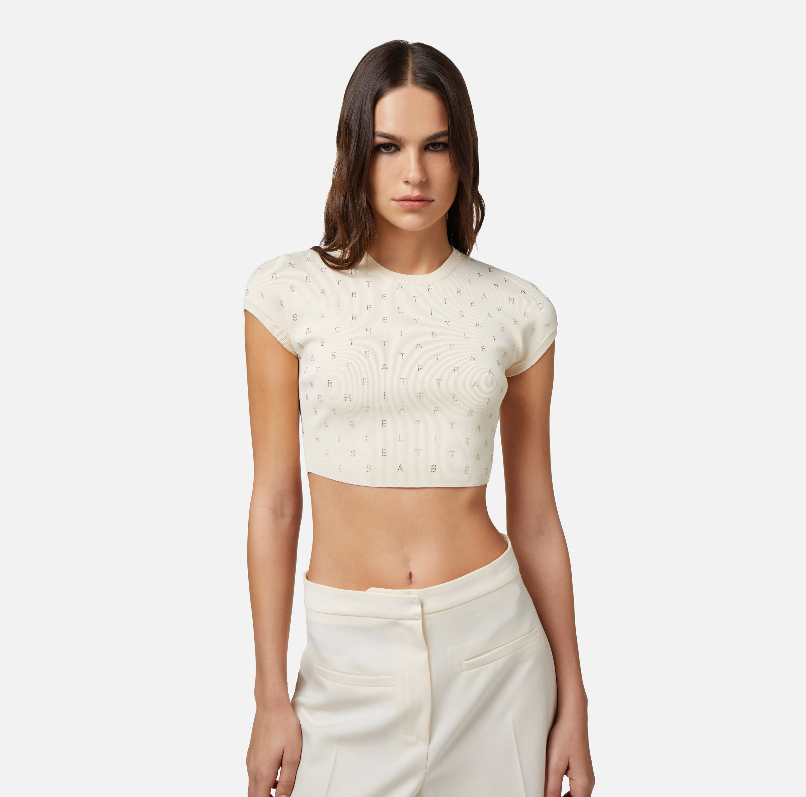 Top cropped in viscosa con lettering in strass - Elisabetta Franchi