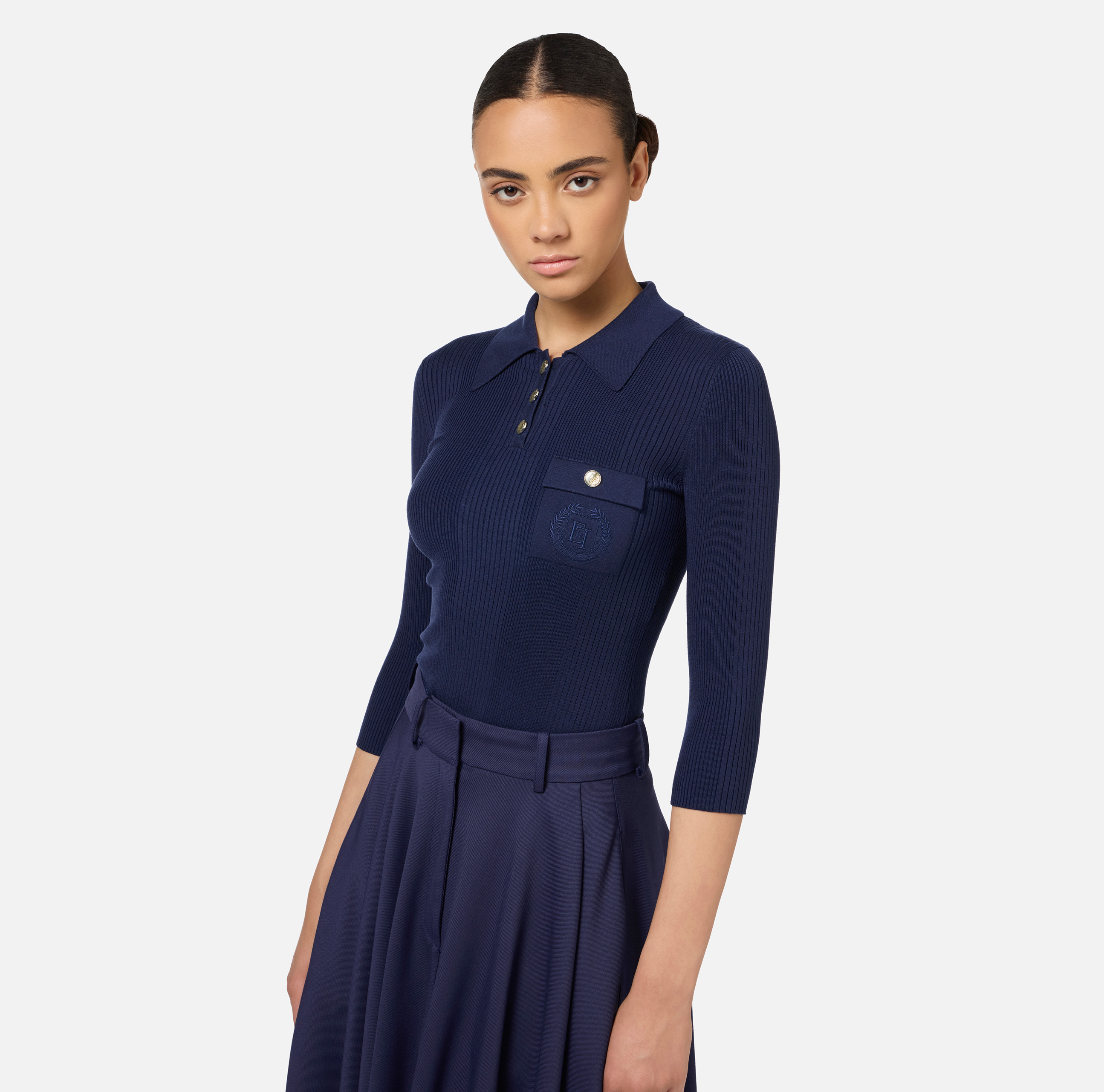 Polo shirt in narrow-ribbed viscose and silk fabric with logo embroidery - Elisabetta Franchi
