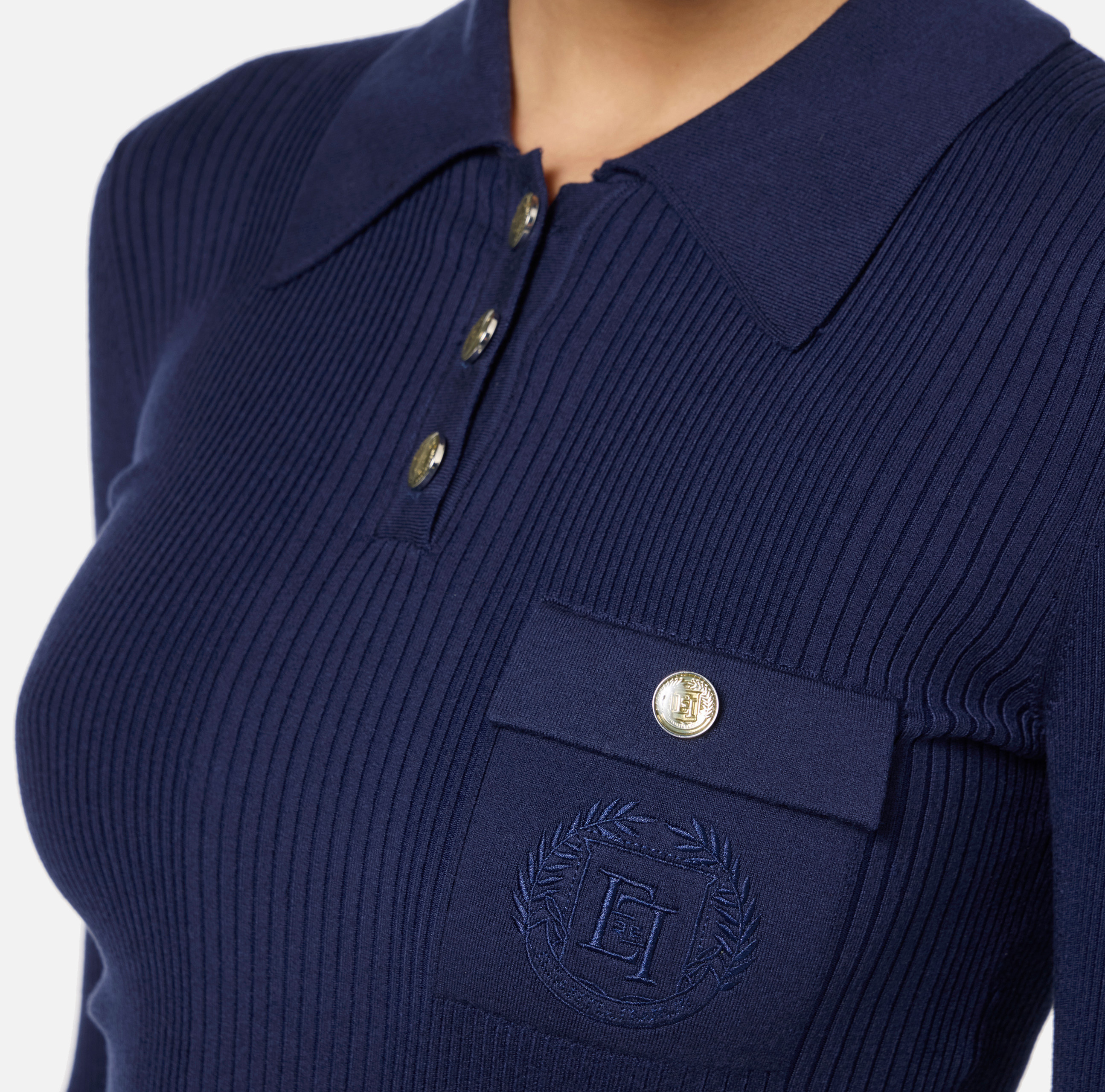 Sweter z kołnierzykiem polo z prążkowanej wiskozy i jedwabiu z wyszywanym logo - Elisabetta Franchi