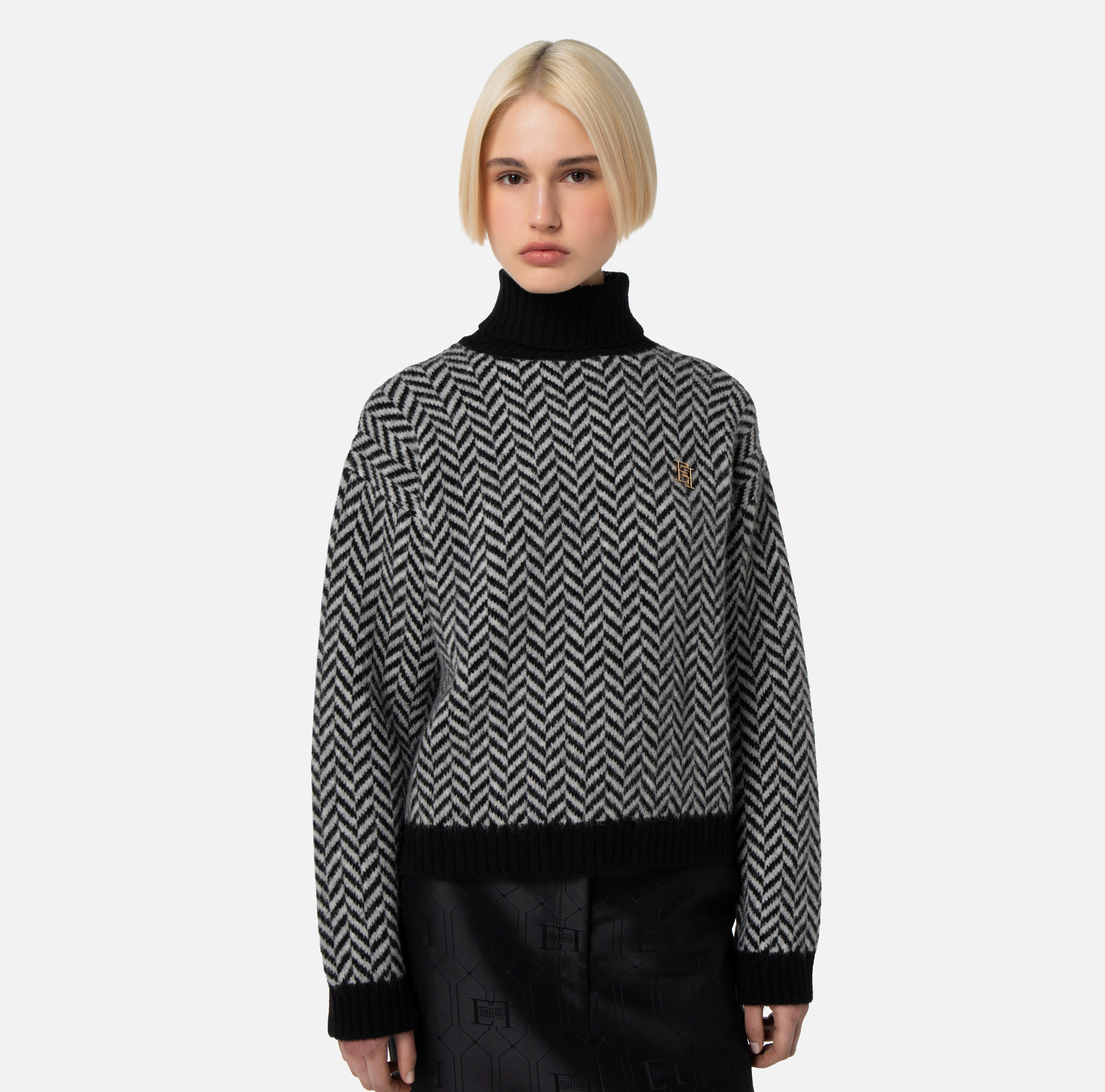 Roll-neck sweater in herringbone knit fabric | Elisabetta Franchi