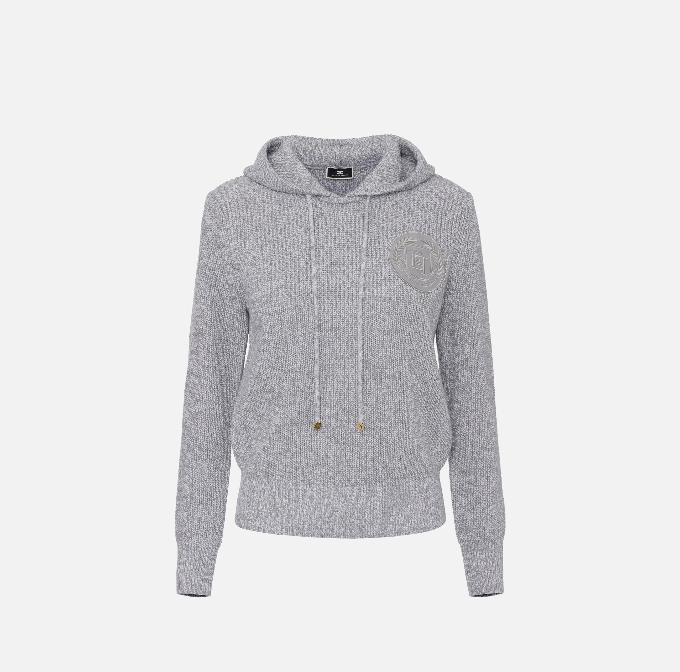 Mouliné viscose pullover with hood and logo patch - Elisabetta Franchi