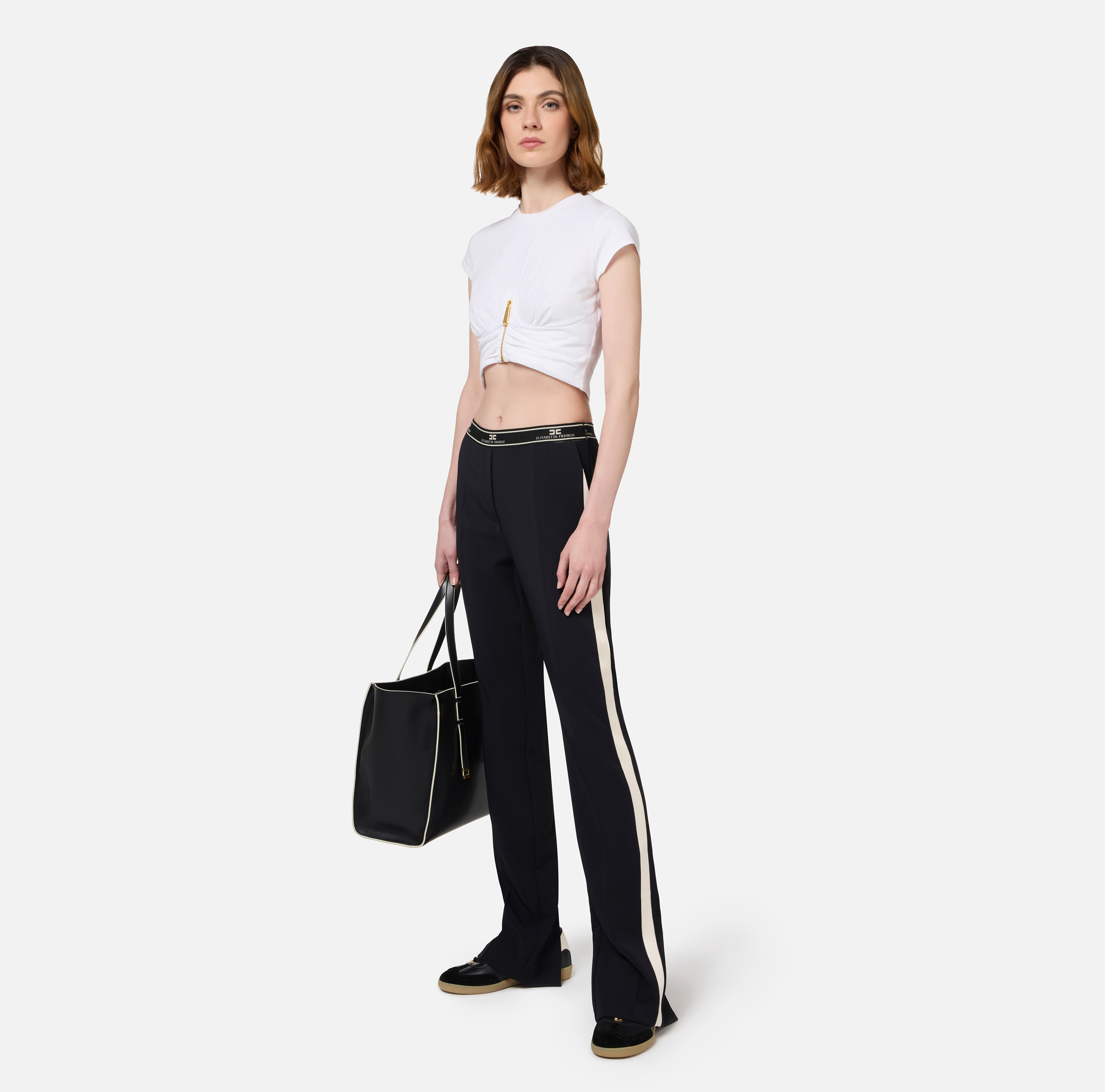 Straight trousers in crêpe fabric with side band - Elisabetta Franchi