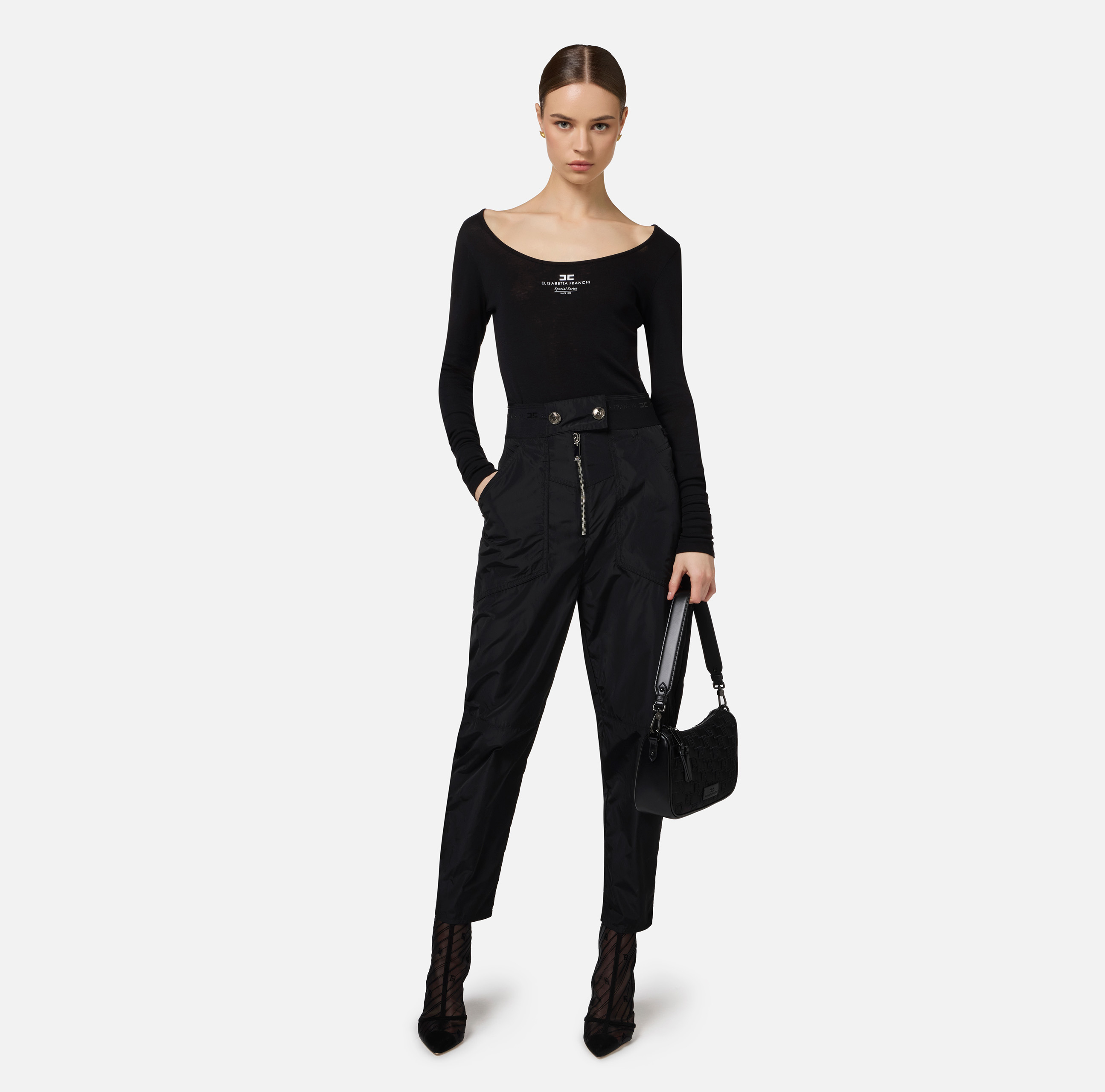 Technical nylon boyfriend trousers with logoed elastic - Elisabetta Franchi