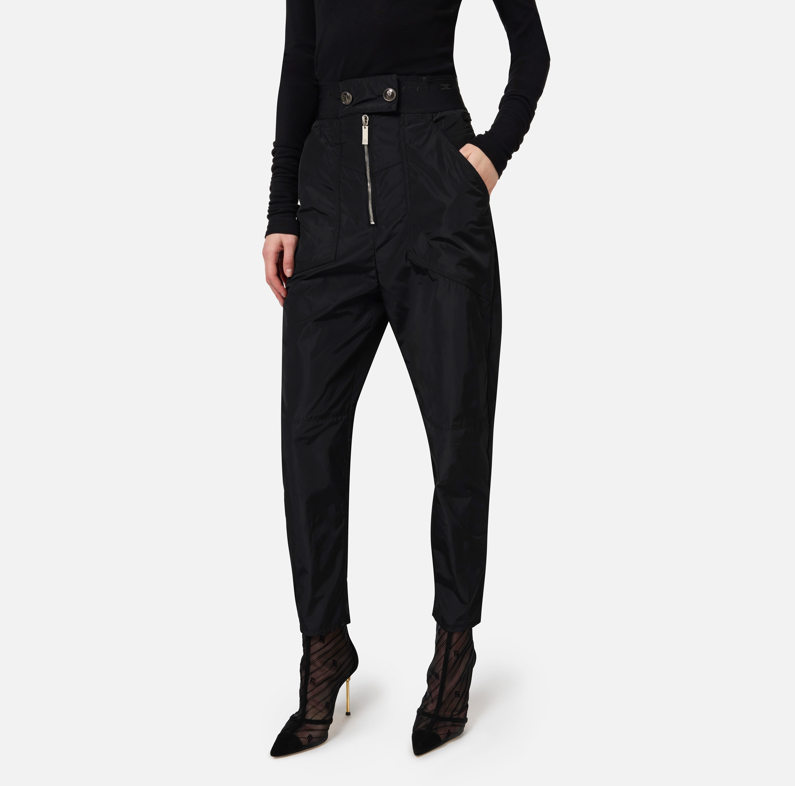 Technical nylon boyfriend trousers with logoed elastic - Elisabetta Franchi