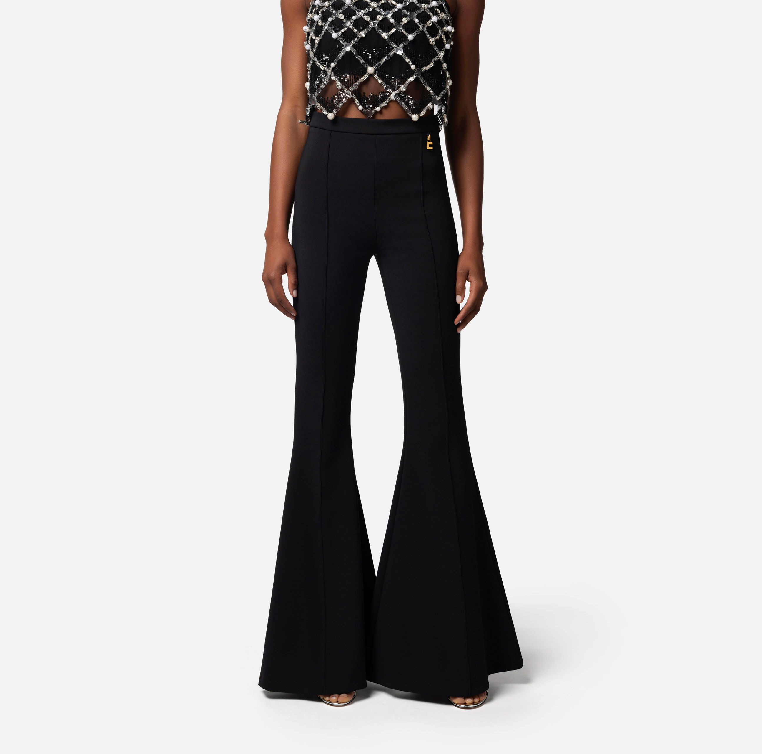 Bell-bottom trousers in stretch crêpe fabric with charms - Elisabetta Franchi