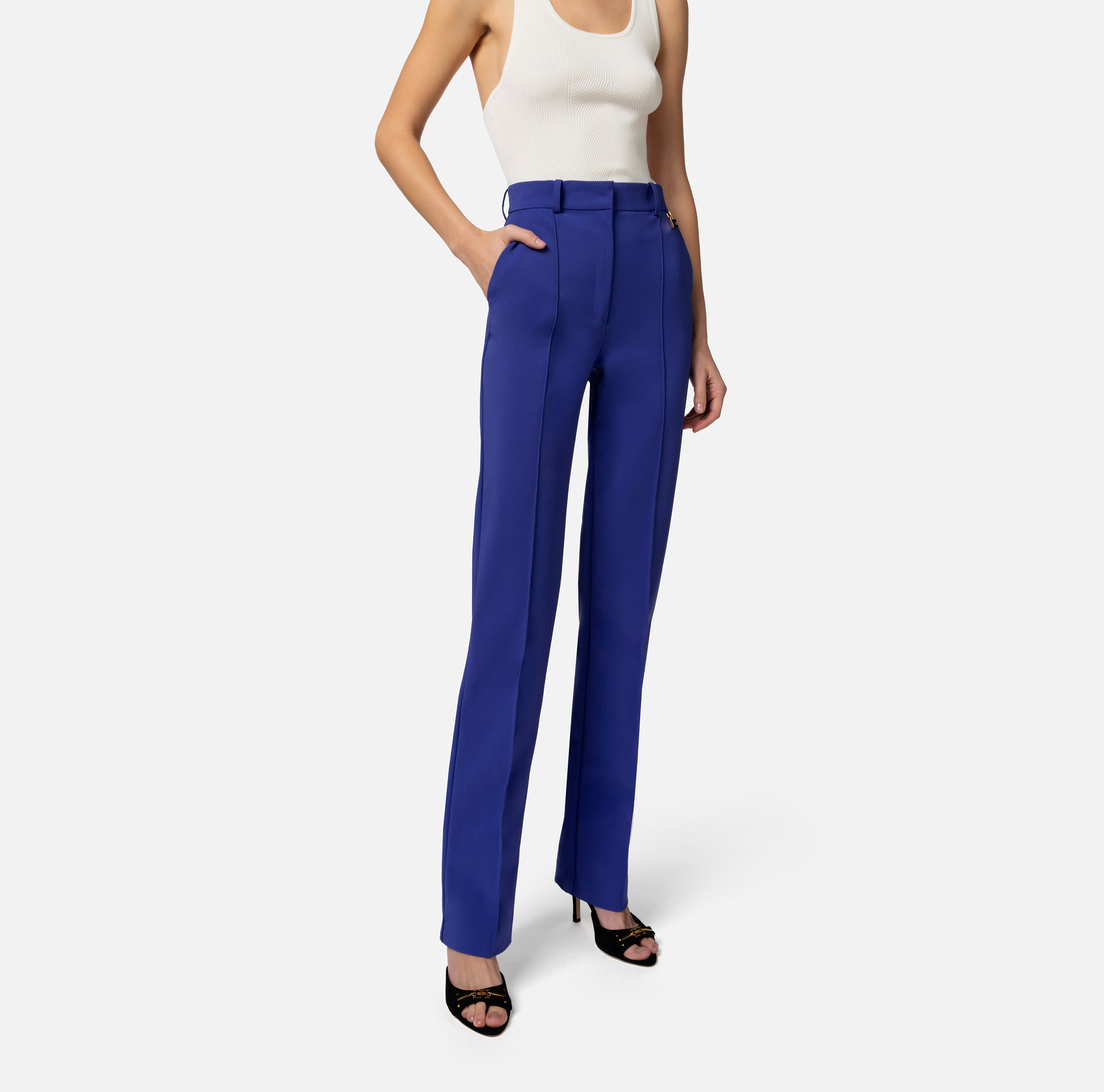 Technical bi-elastic fabric straight trousers with charms - Elisabetta Franchi