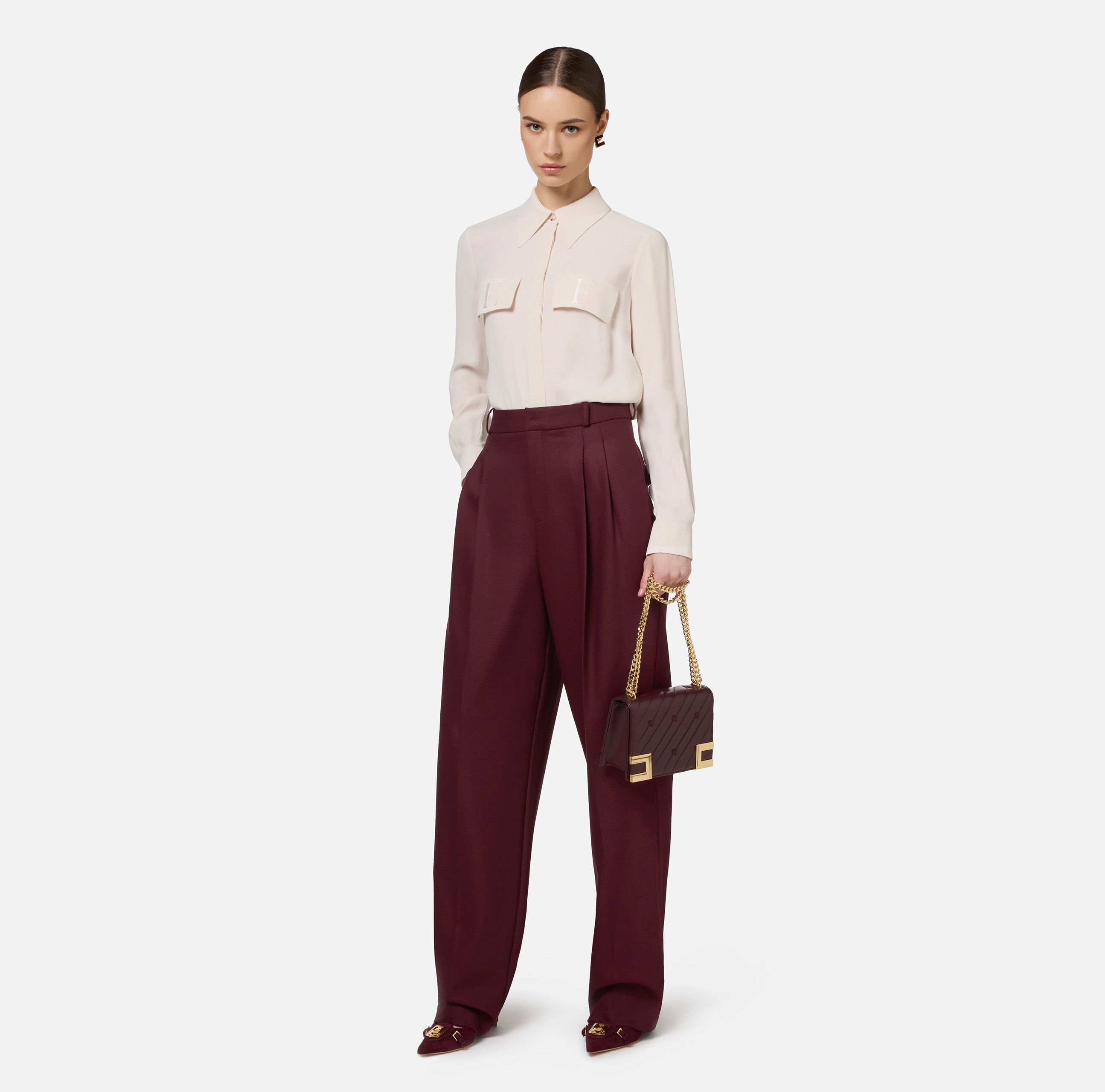 Pantalon jambe large avec pinces doubles en laine froide stretch - Elisabetta Franchi