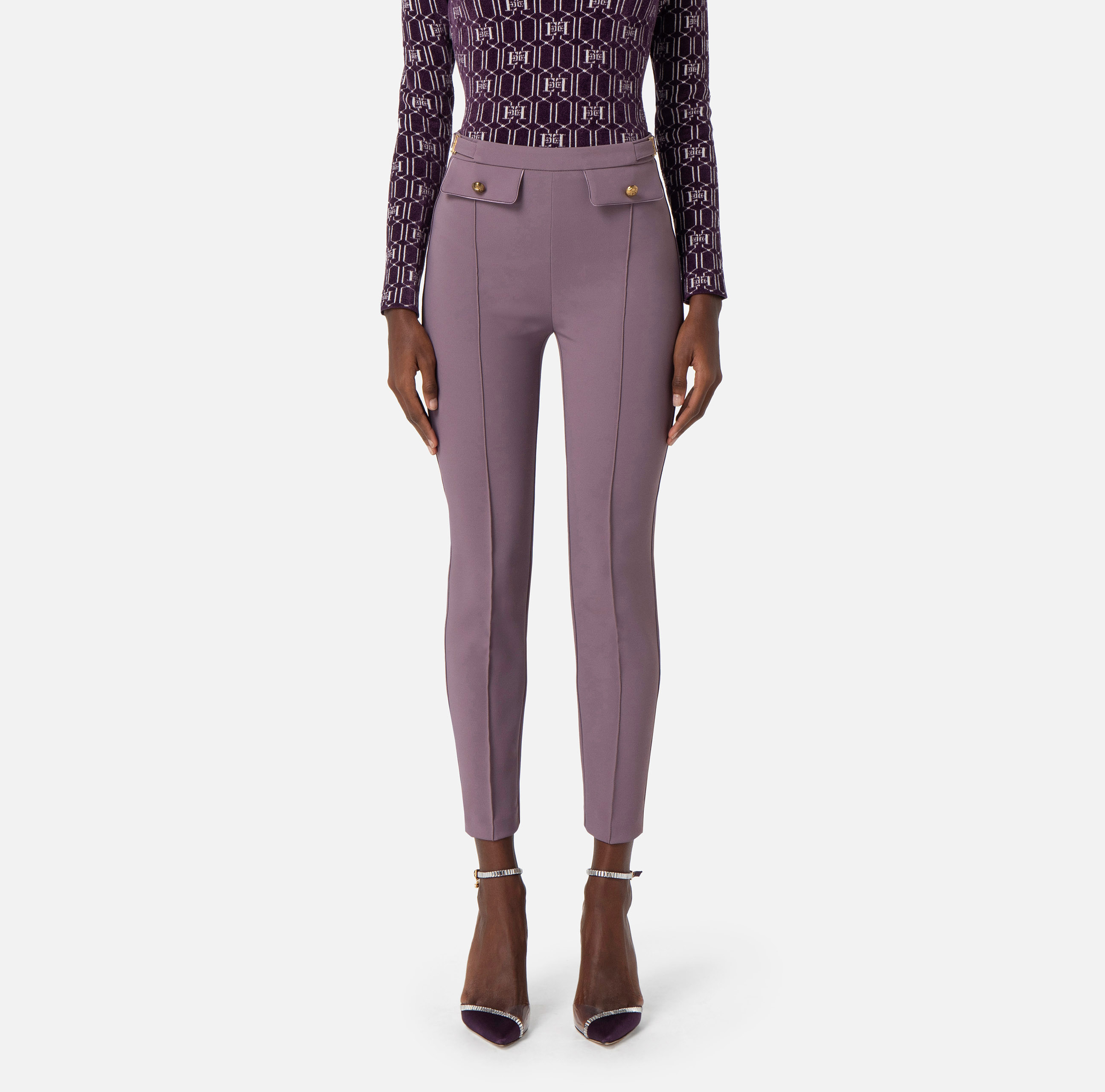 Straight fit trousers in crêpe fabric with shiny piping - Elisabetta Franchi