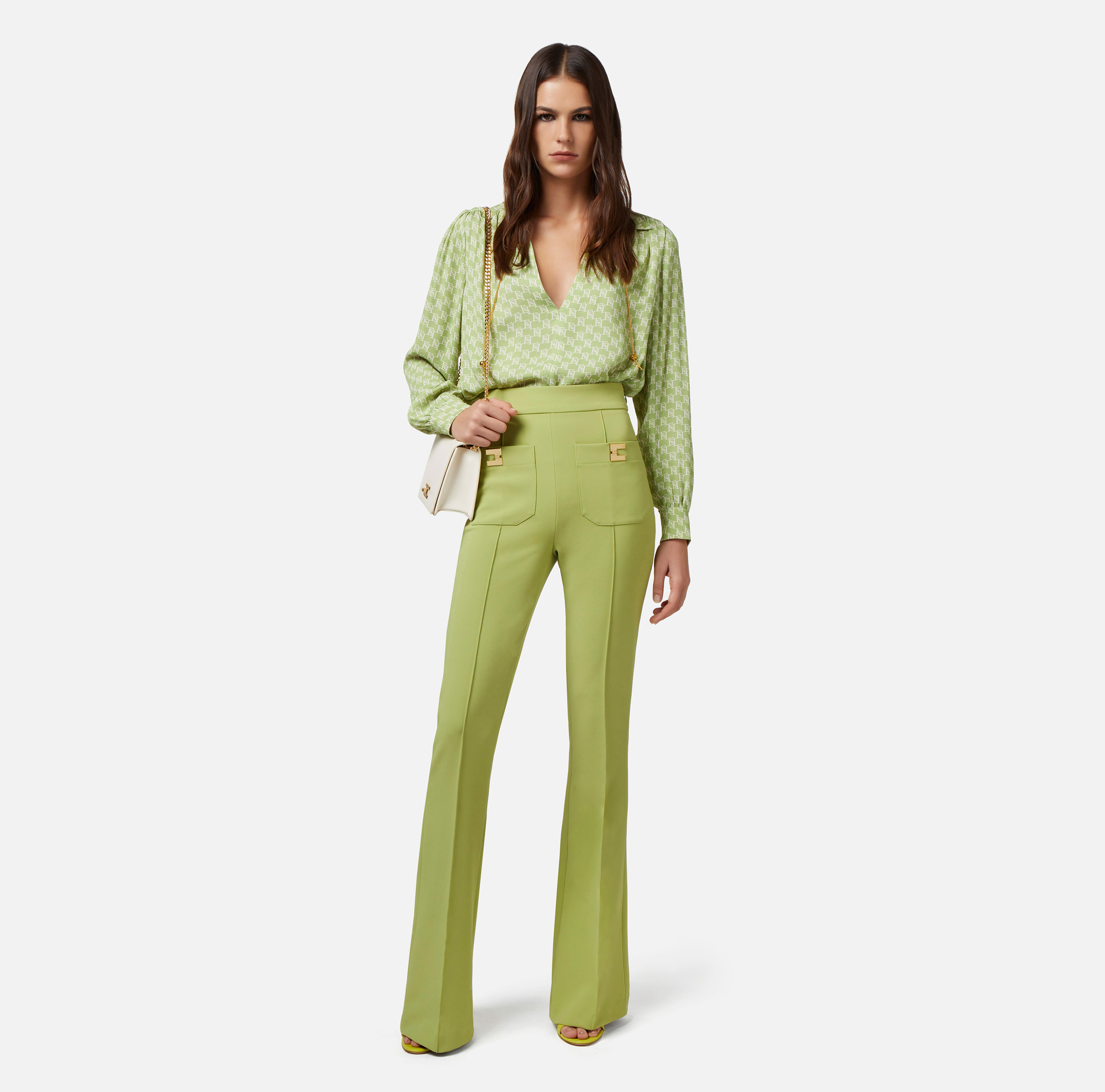 Stretch crêpe palazzo trousers with logo plaques - Elisabetta Franchi