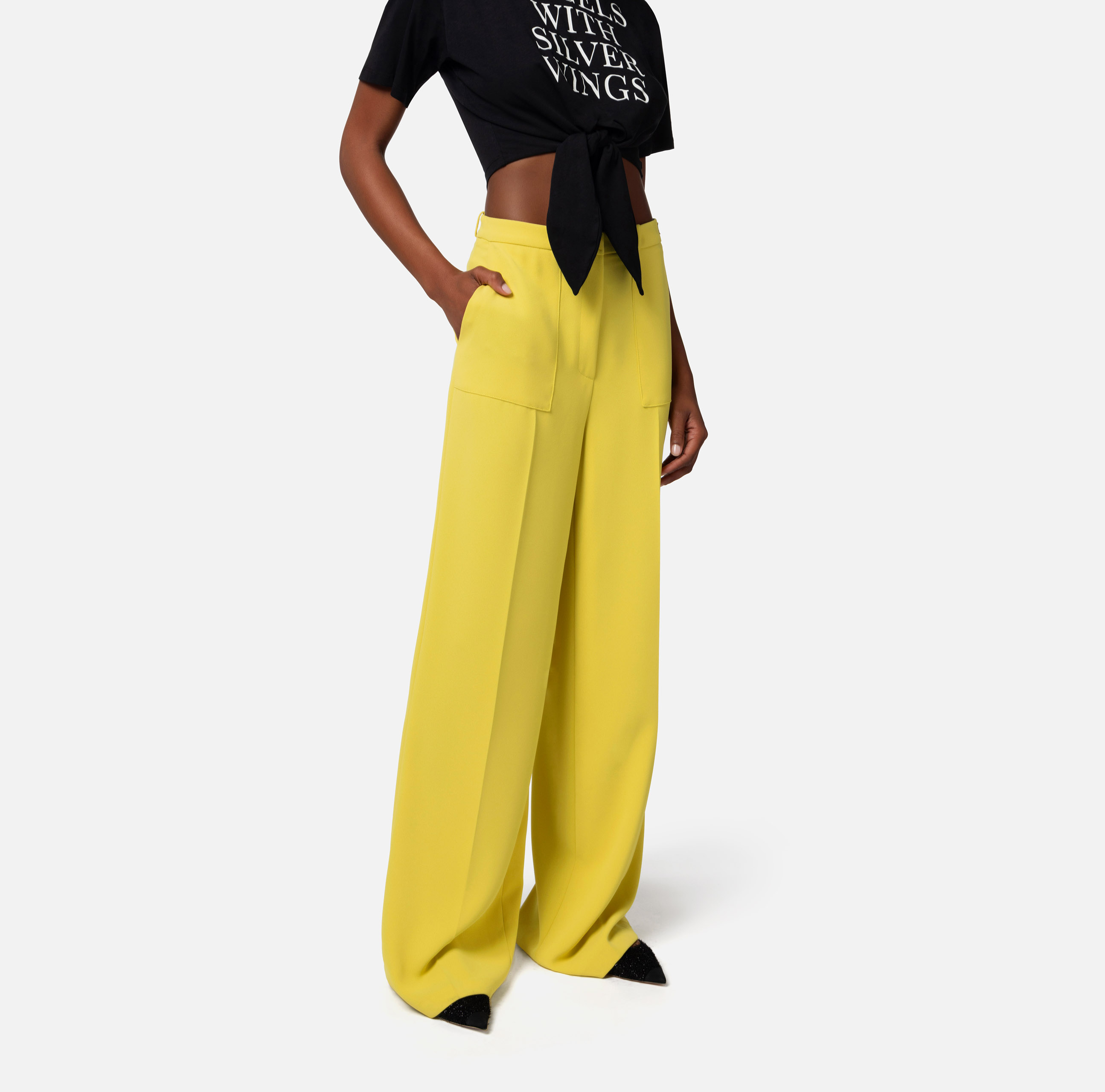 Crêpe straight fit trousers with logo label - Elisabetta Franchi